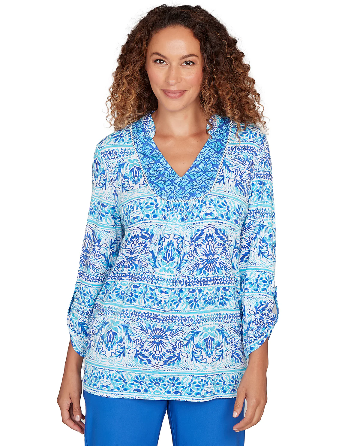 Ruby Road Missy Set Sail 3/4 Sleeve V-Neck Stripe Top - Image 2