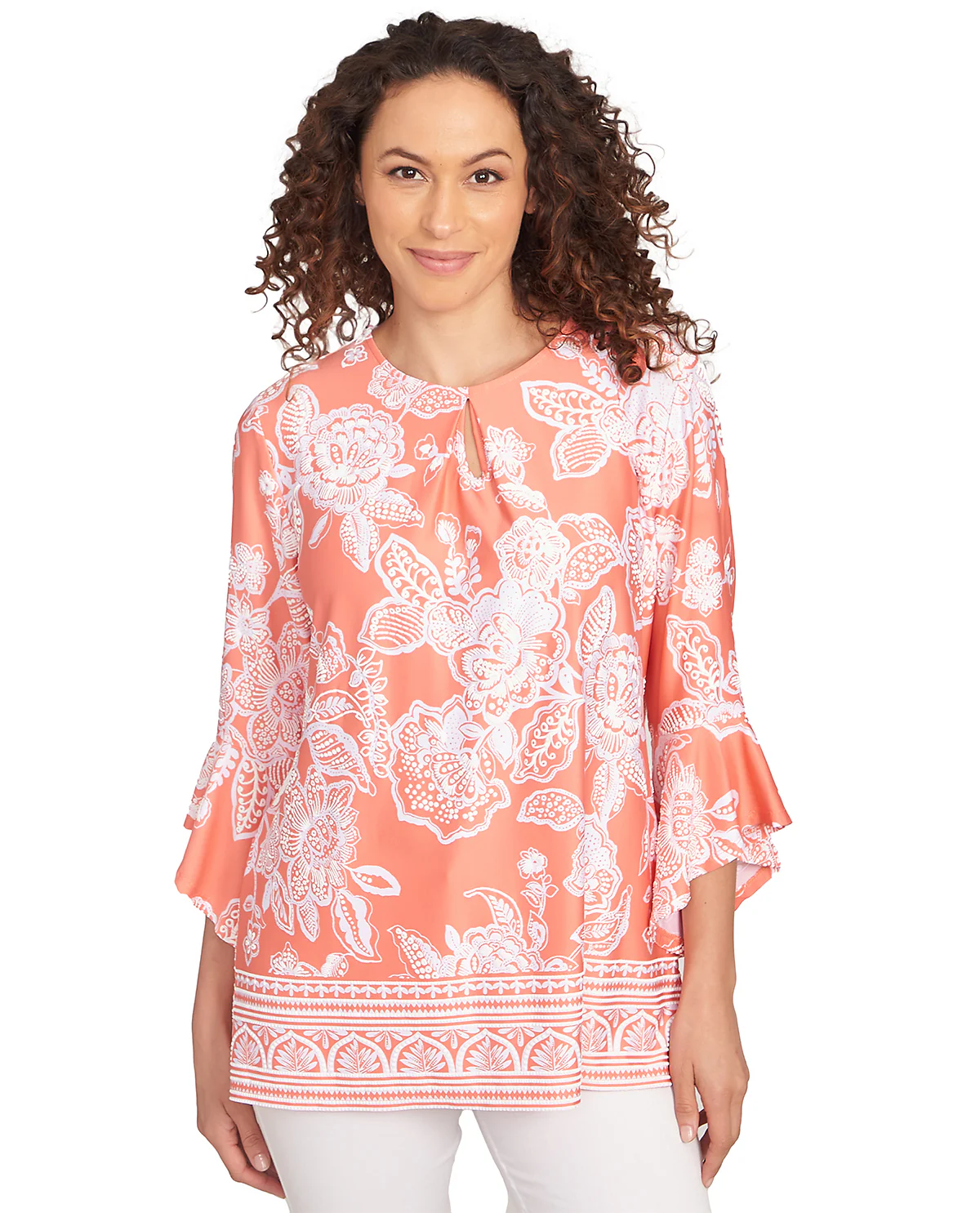 Ruby Road Watercolor Dreams 3/4 Sleeve Floral Puff Knit Top - Image 2