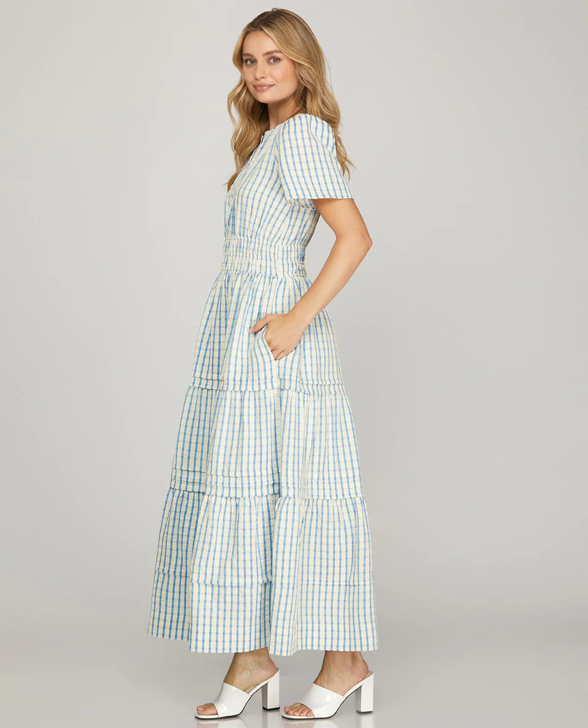 She And Sky Pintuck Plaid Dress Lt Blue - Image 2