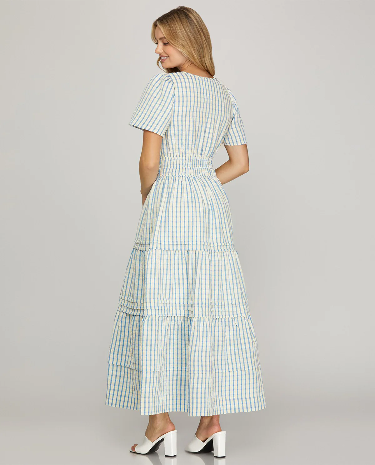 She And Sky Pintuck Plaid Dress Lt Blue - Image 3
