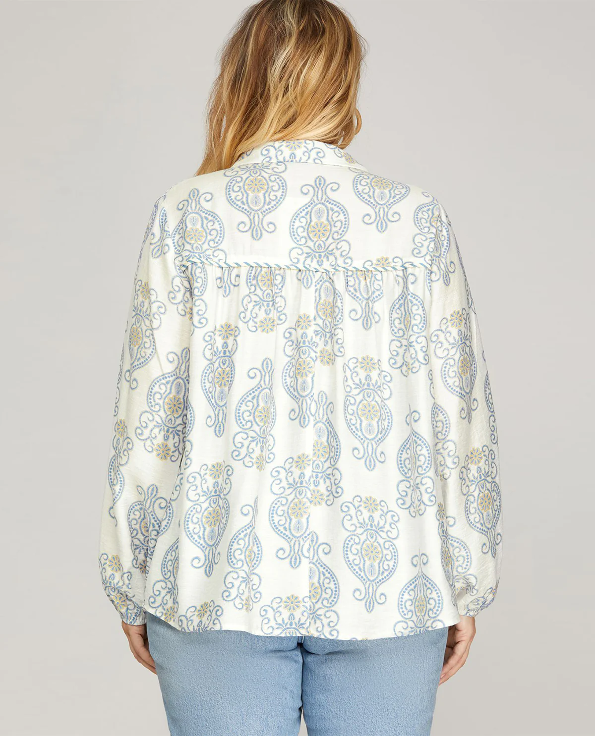 She and Sky Print Top With Collar and Stripe Contrast - Image 2