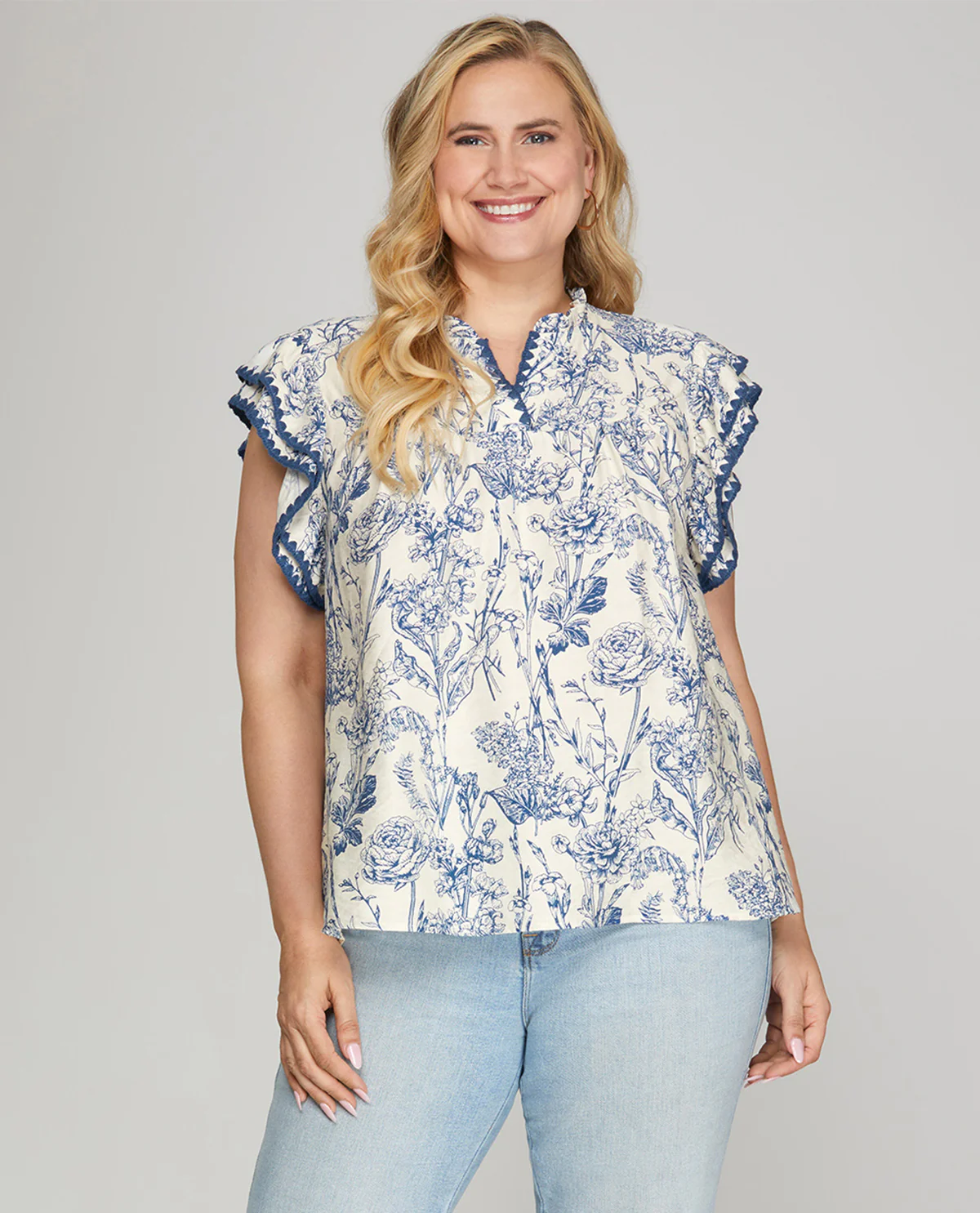 She And Sky Print Top with Contrast Stitch Blue