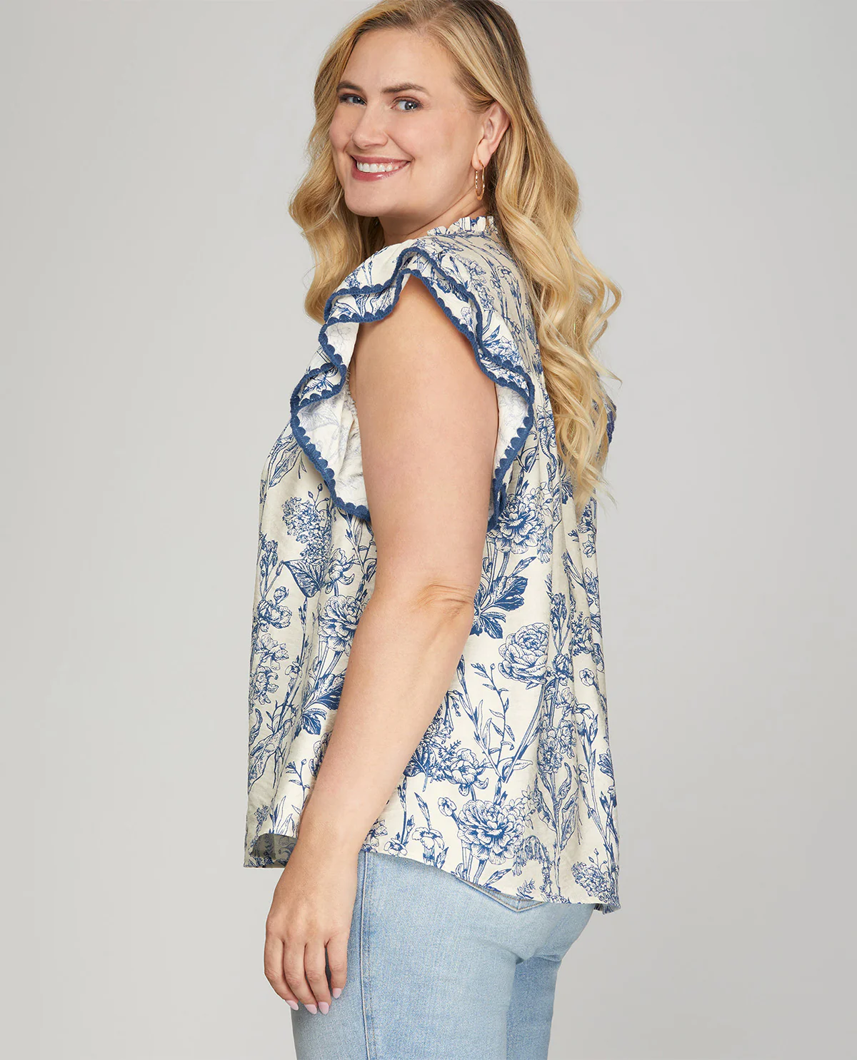 She And Sky Print Top with Contrast Stitch Blue - Image 3