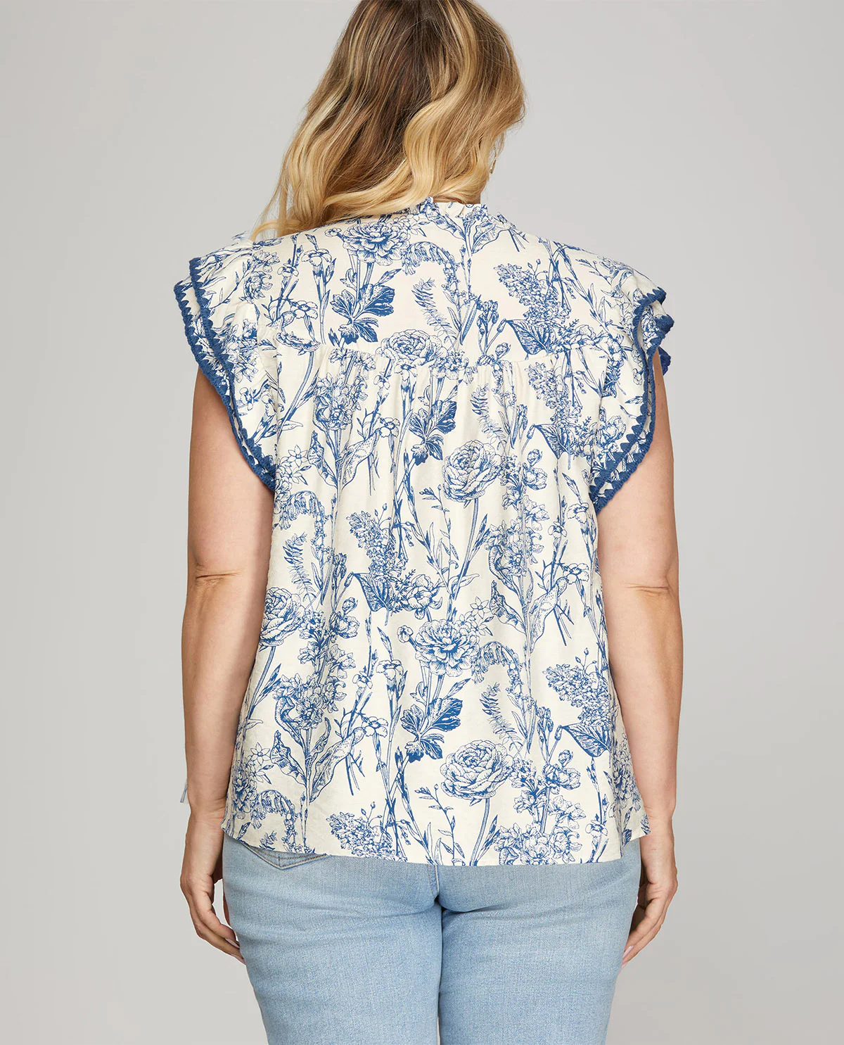 She And Sky Print Top with Contrast Stitch Blue - Image 4