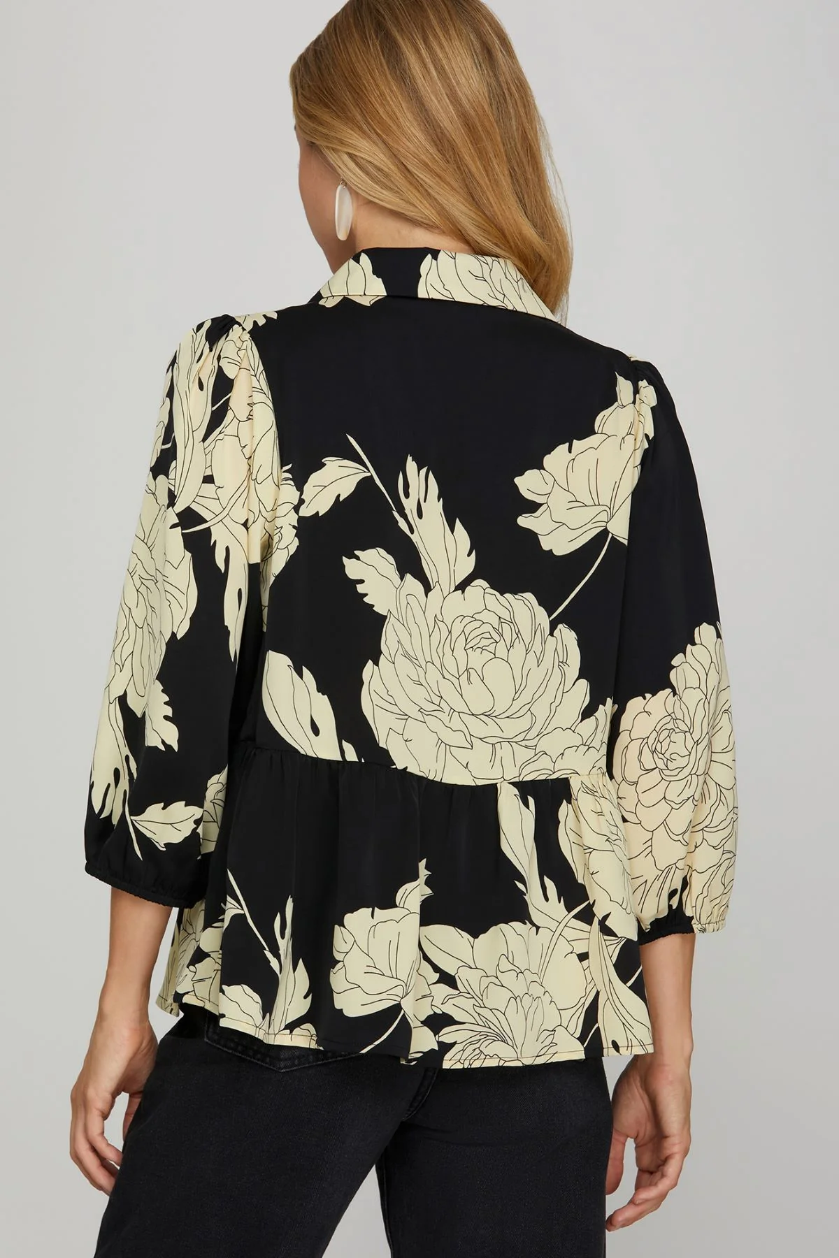 She and Sky Print Collar Button Down with Scallop Trim Blouse - Image 2