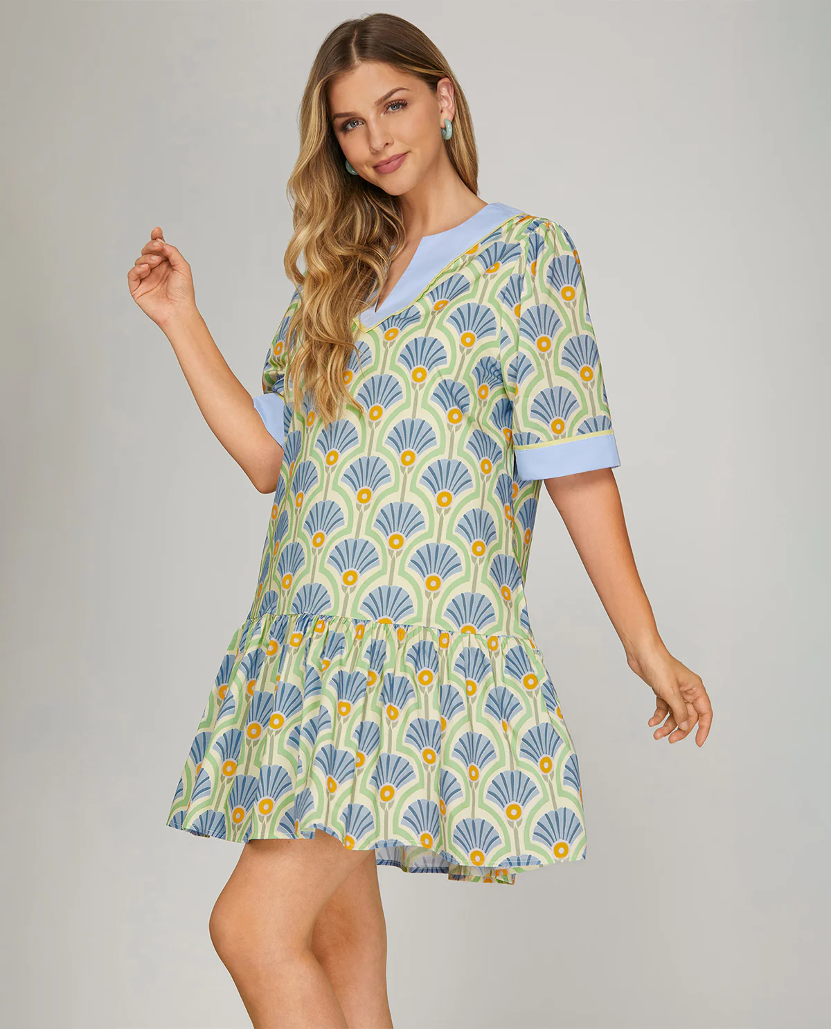 She and Sky Print Dress With Contrast Neckline - Image 2