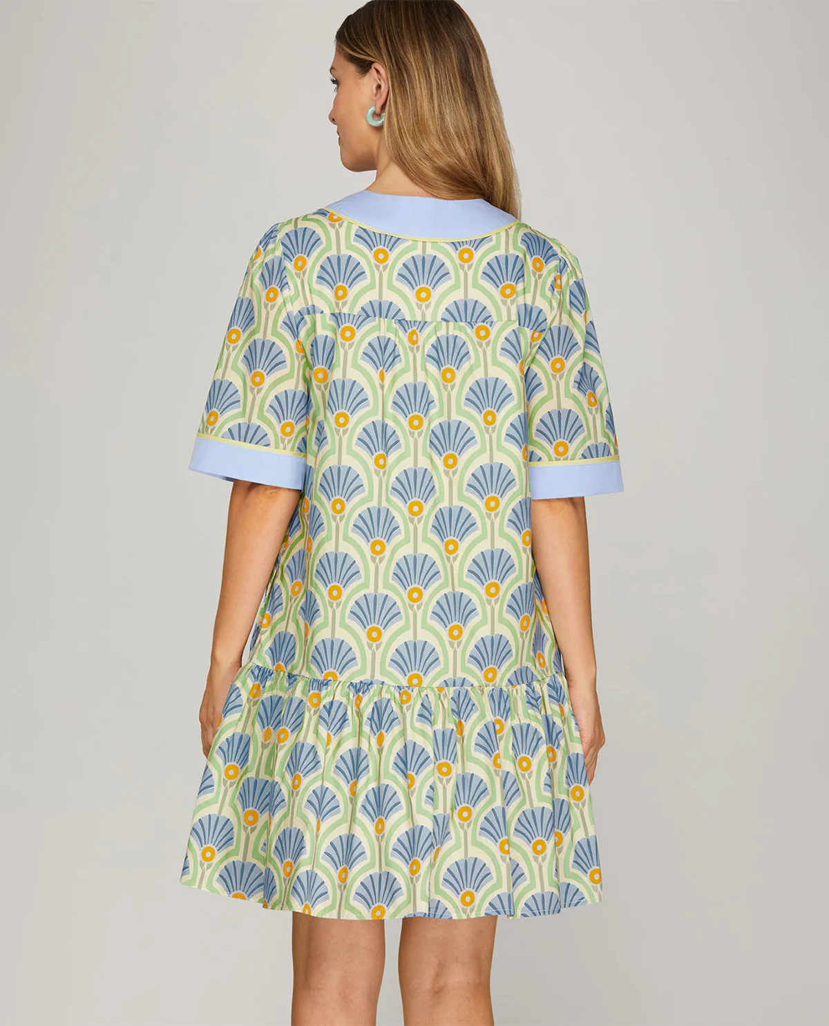 She and Sky Print Dress With Contrast Neckline - Image 3