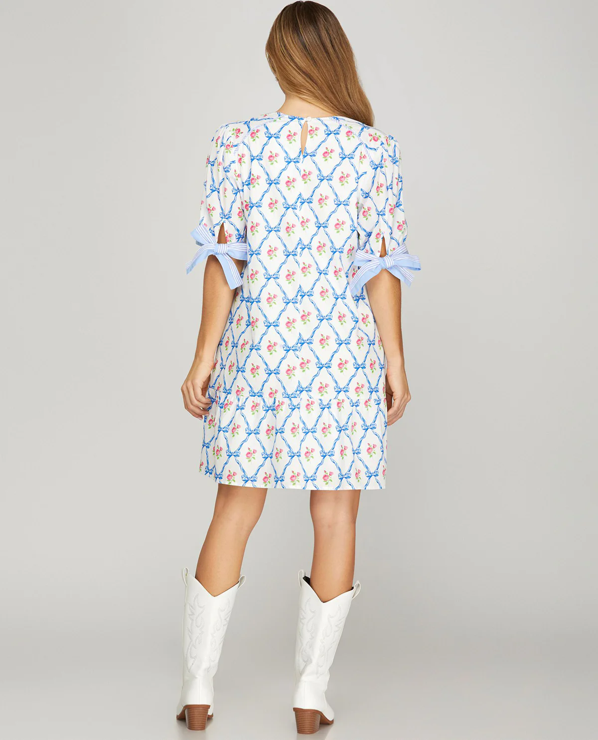 She and Sky Print Dress With Tie Sleeves Lt Blue - Image 2