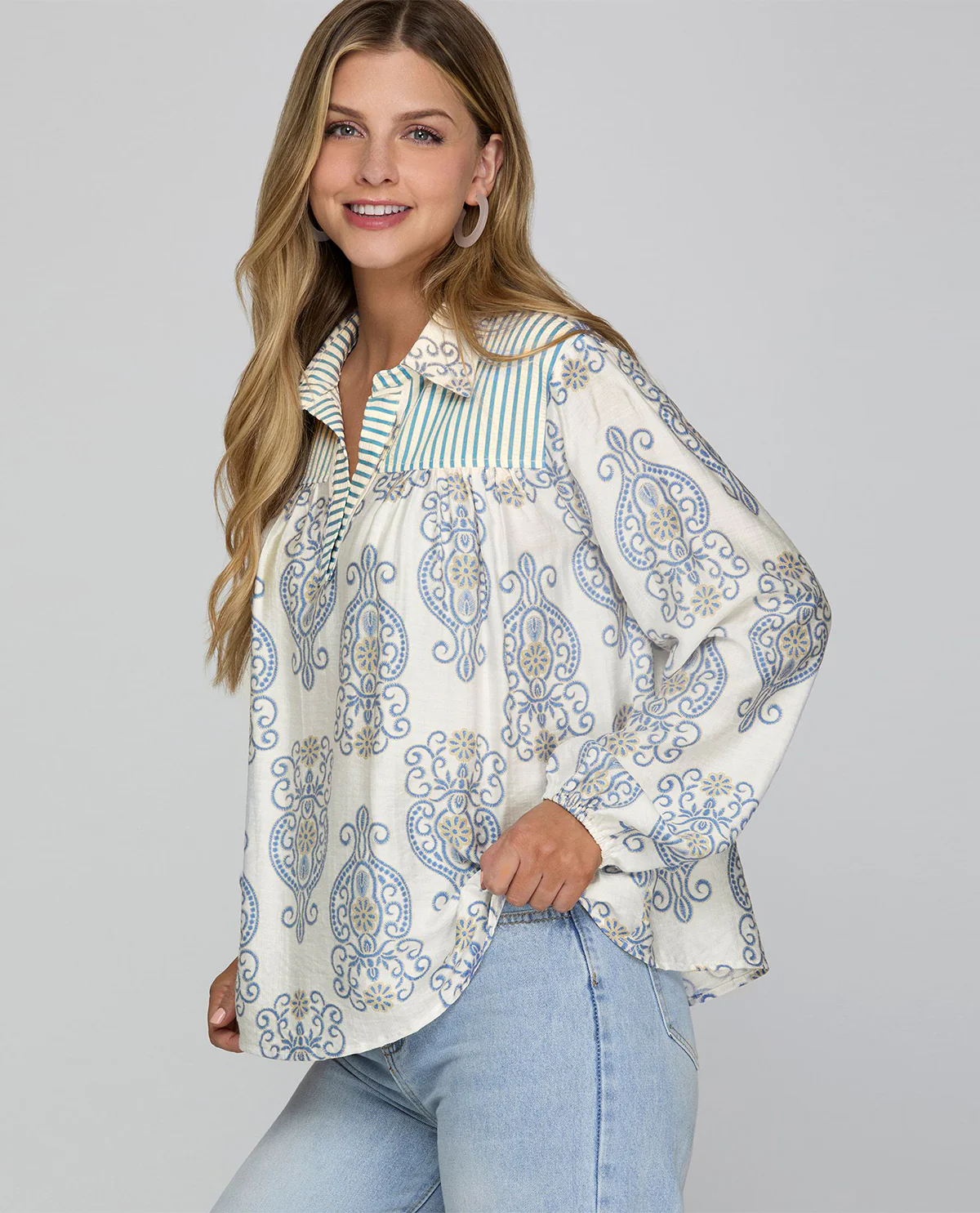 She and Sky Print Top with Collar and Stripe Contrast - Lt Blue - Image 2