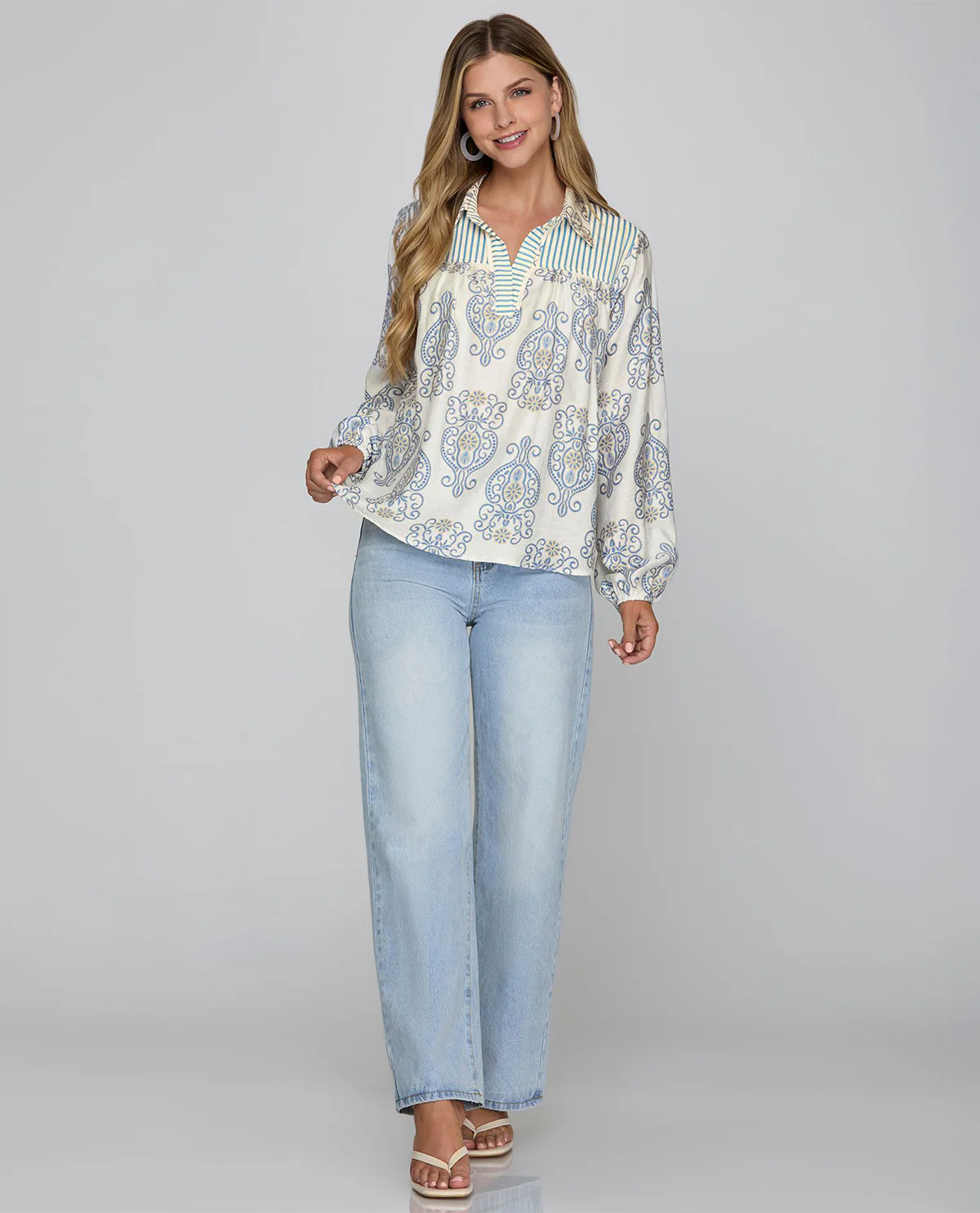 She and Sky Print Top with Collar and Stripe Contrast - Lt Blue - Image 3