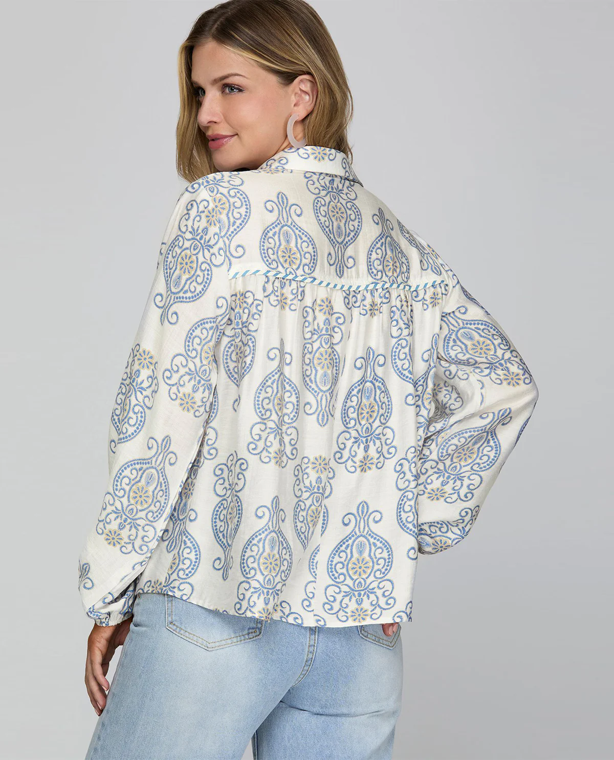 She and Sky Print Top with Collar and Stripe Contrast - Lt Blue - Image 4