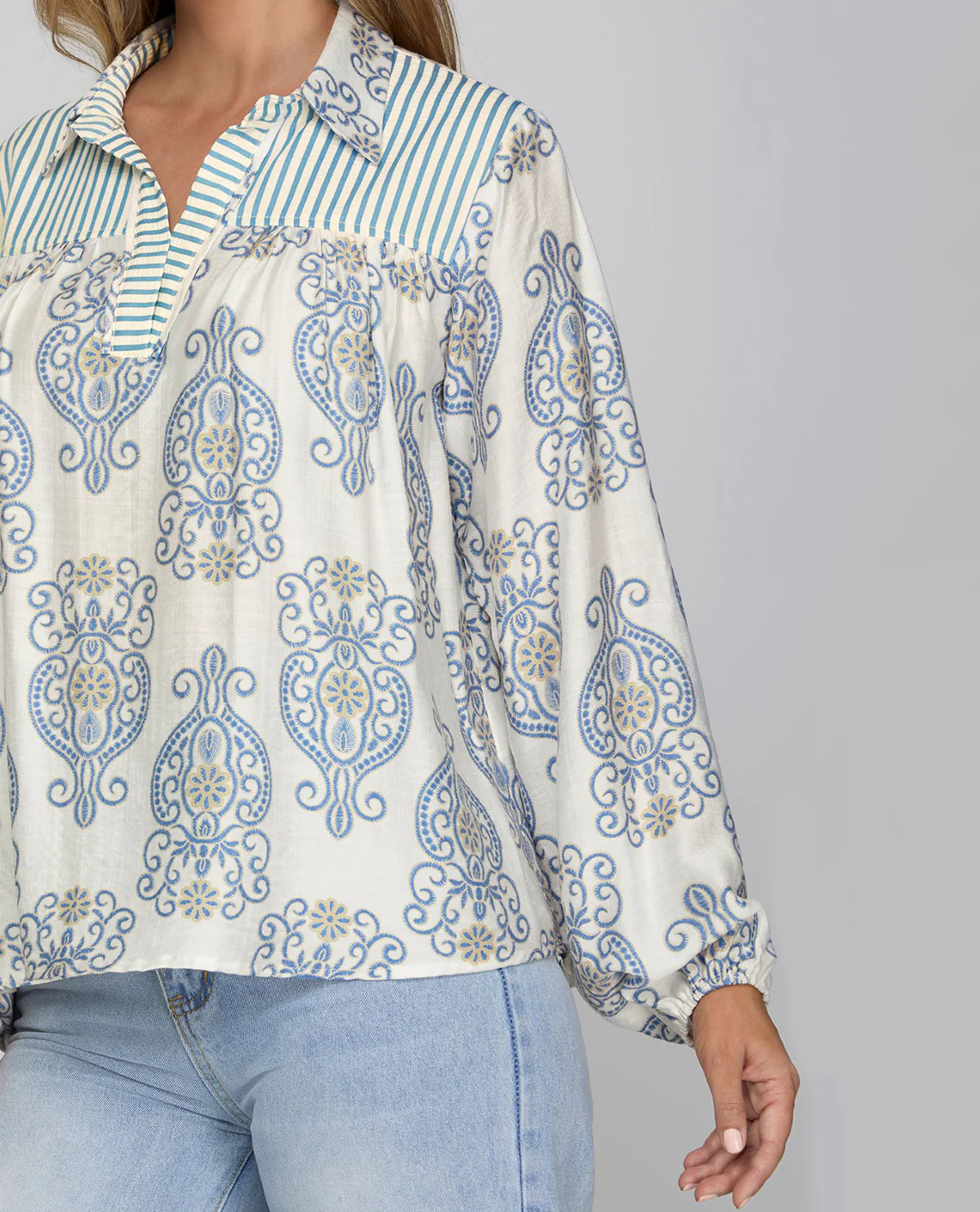 She and Sky Print Top with Collar and Stripe Contrast - Lt Blue - Image 5
