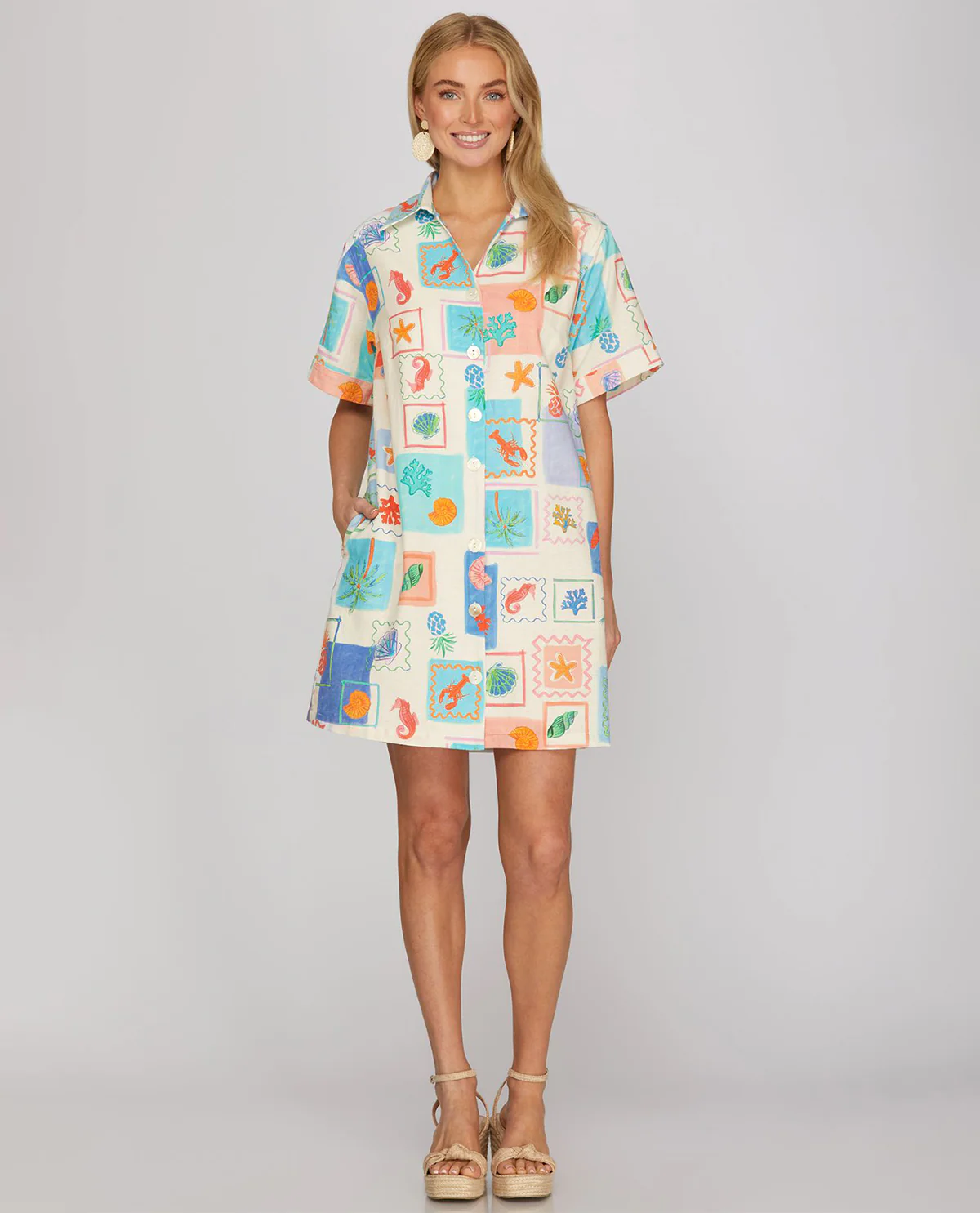 She And Sky Print Button Down Dress Blue - Image 2
