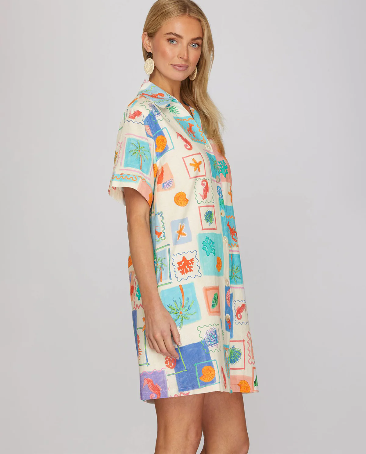 She And Sky Print Button Down Dress Blue - Image 3