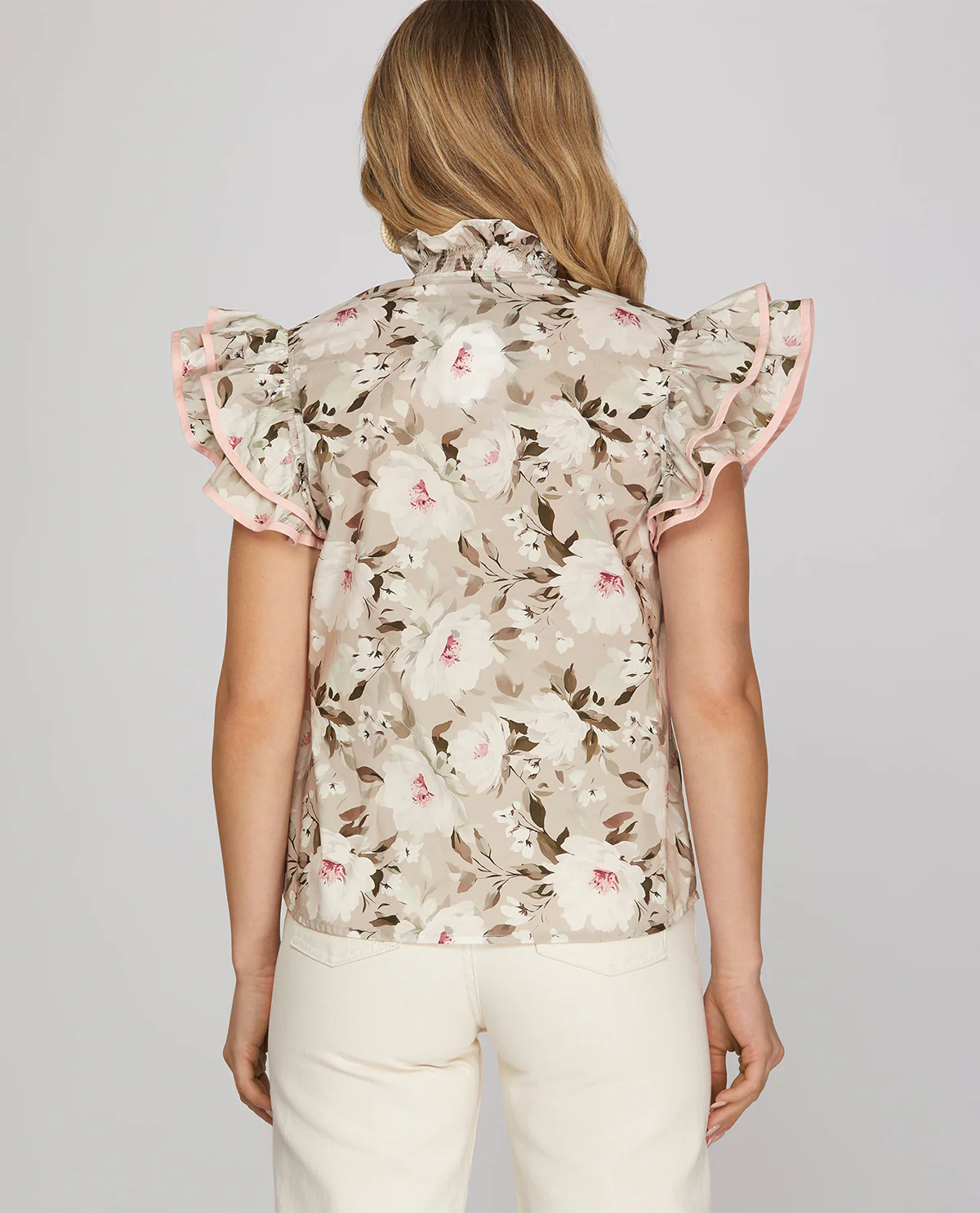 She And Sky Print Ruffle Sleeve Smock Top Lt Gray - Image 2