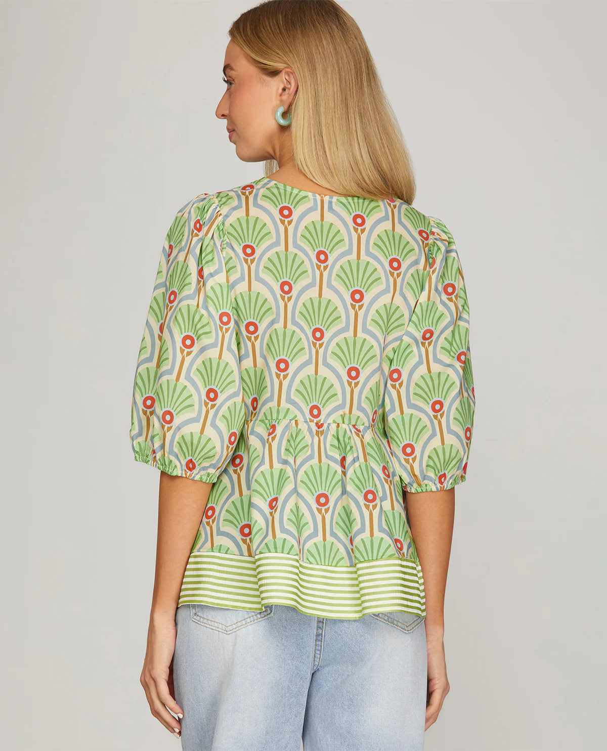 She And Sky Print Top With Stripe Contrast Green - Image 2