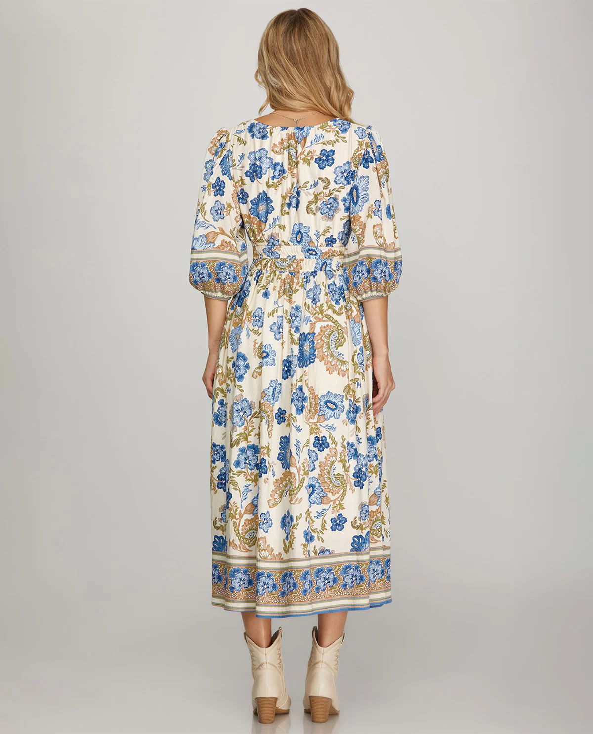She and Sky V-Neck Dress With Border Blue - Image 2