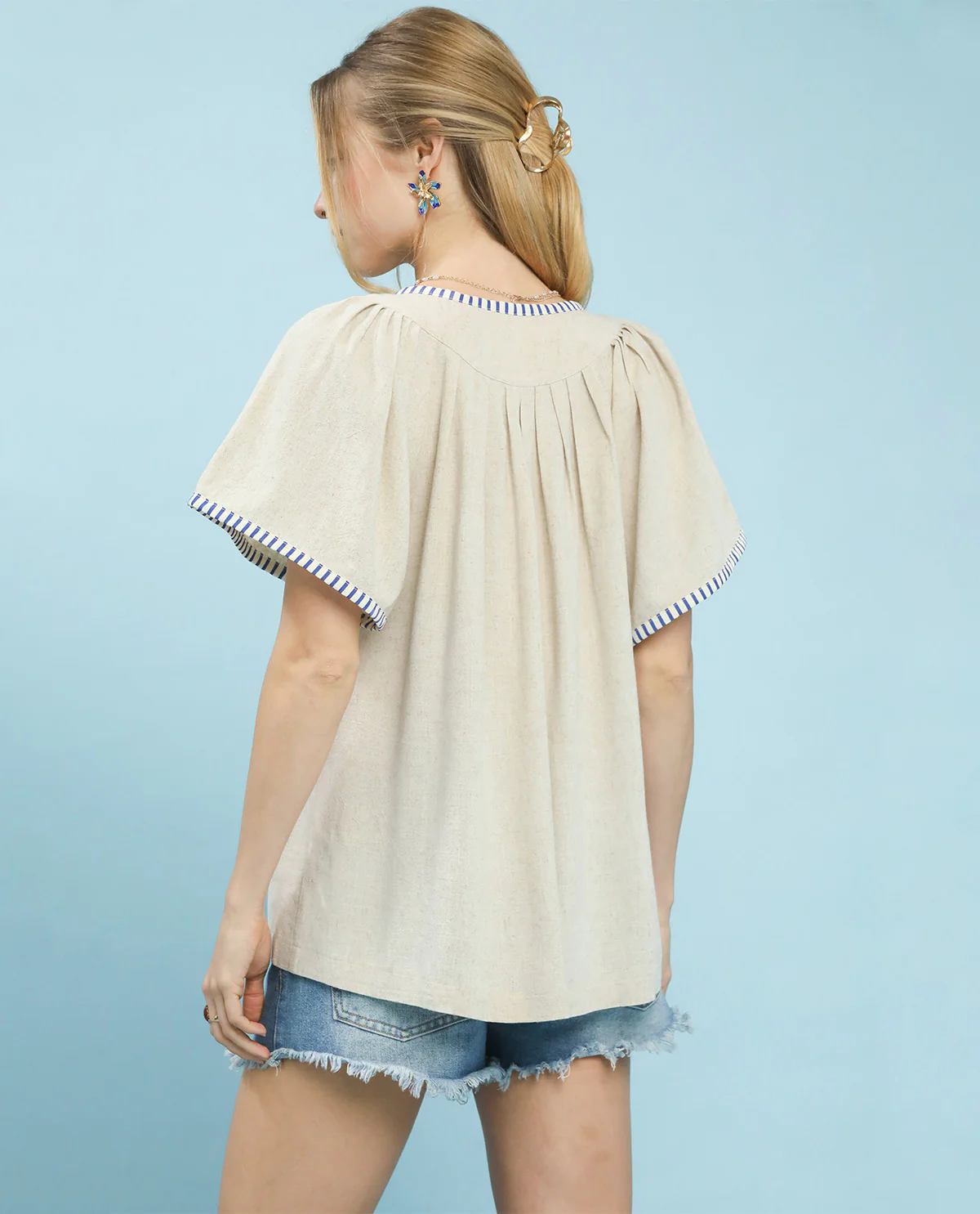 Umgee Babydoll Top With Stripe Contrast Oatmeal - Image 4
