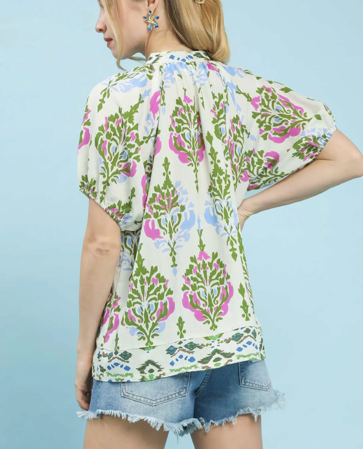 Umgee Border Print Top With Lace Cream - Image 3