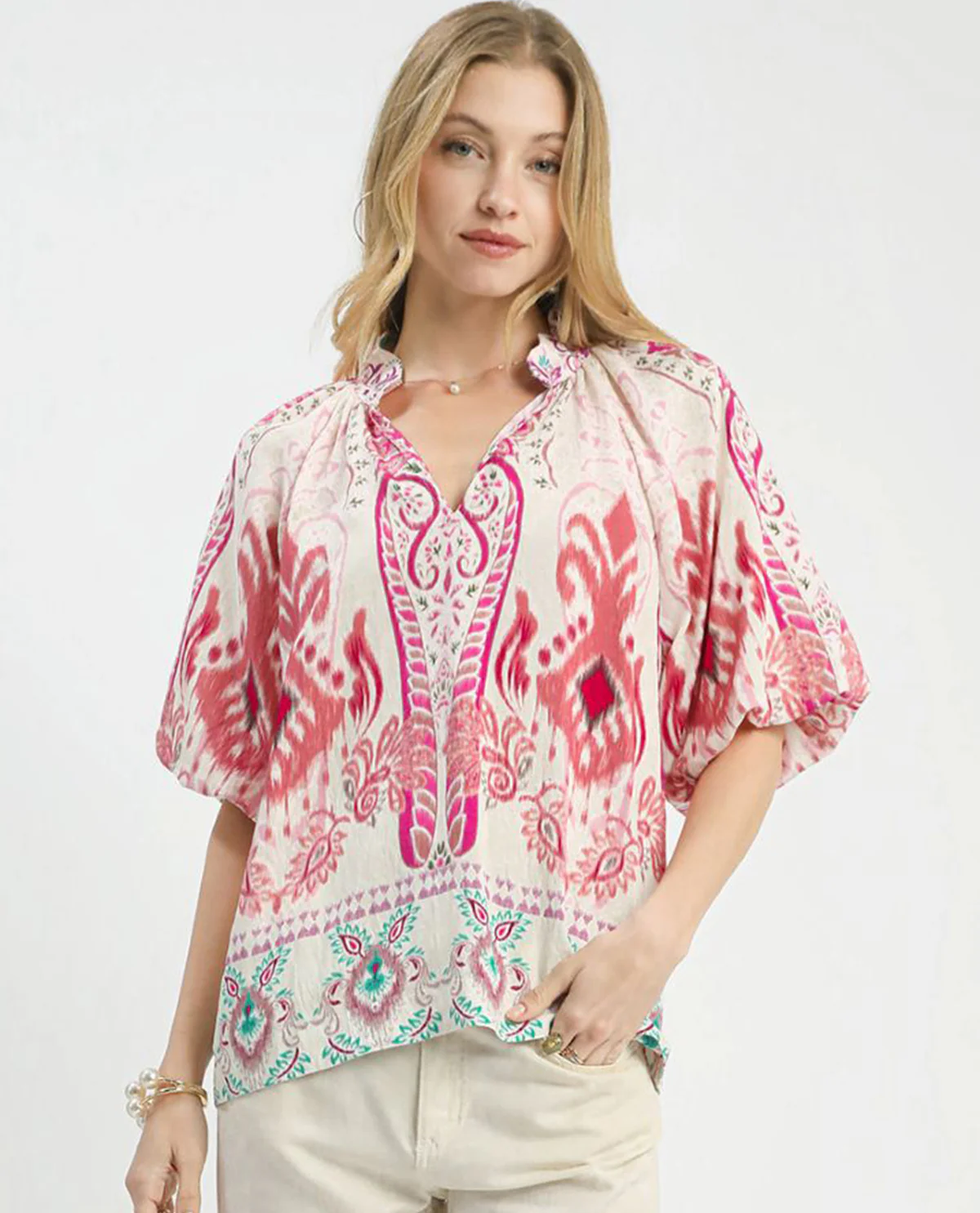 Umgee Border Print Vneck Top - Image 4
