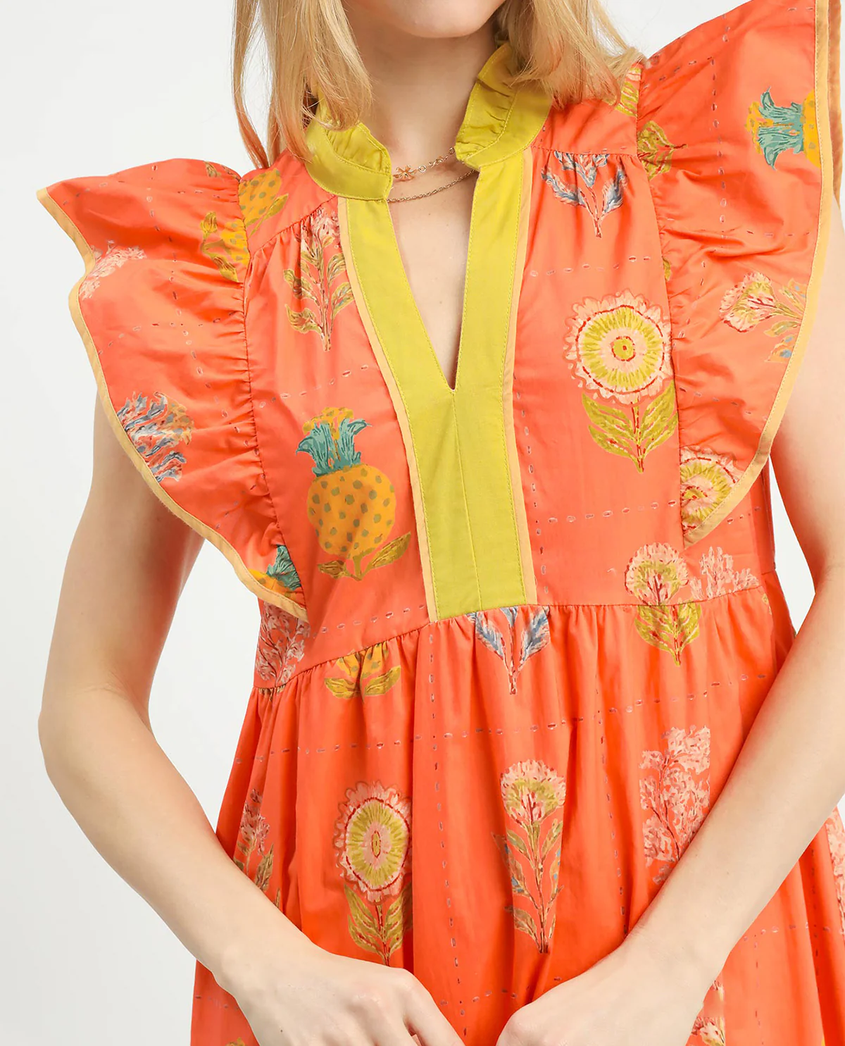 Umgee Botanical Print Dress With Contrast Tangerine - Image 2