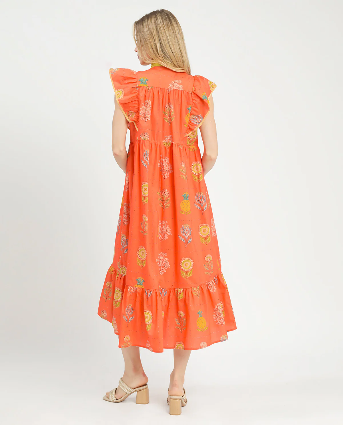 Umgee Botanical Print Dress With Contrast Tangerine - Image 3