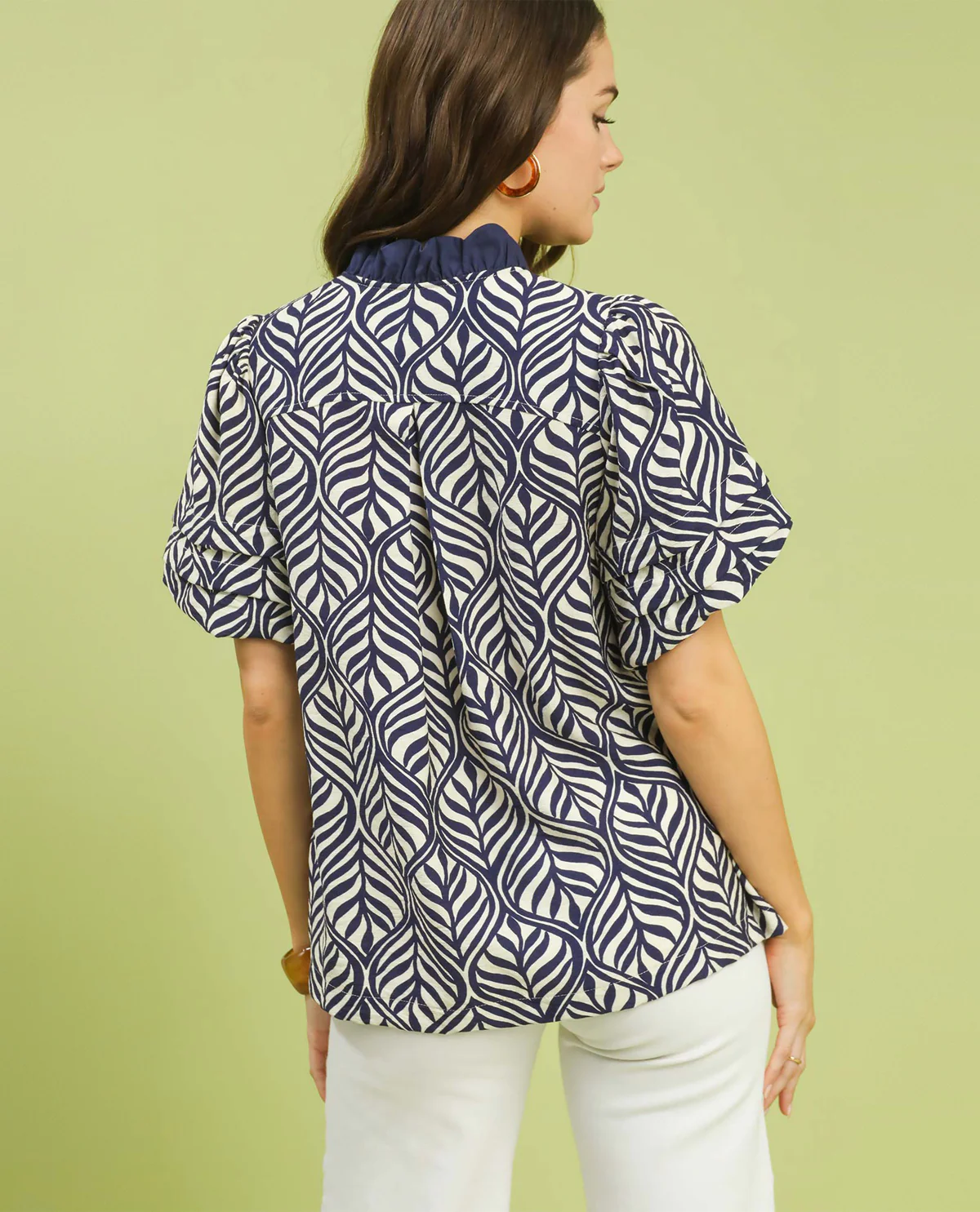 Umgee Botanical Print V-Neck Top Navy - Image 3