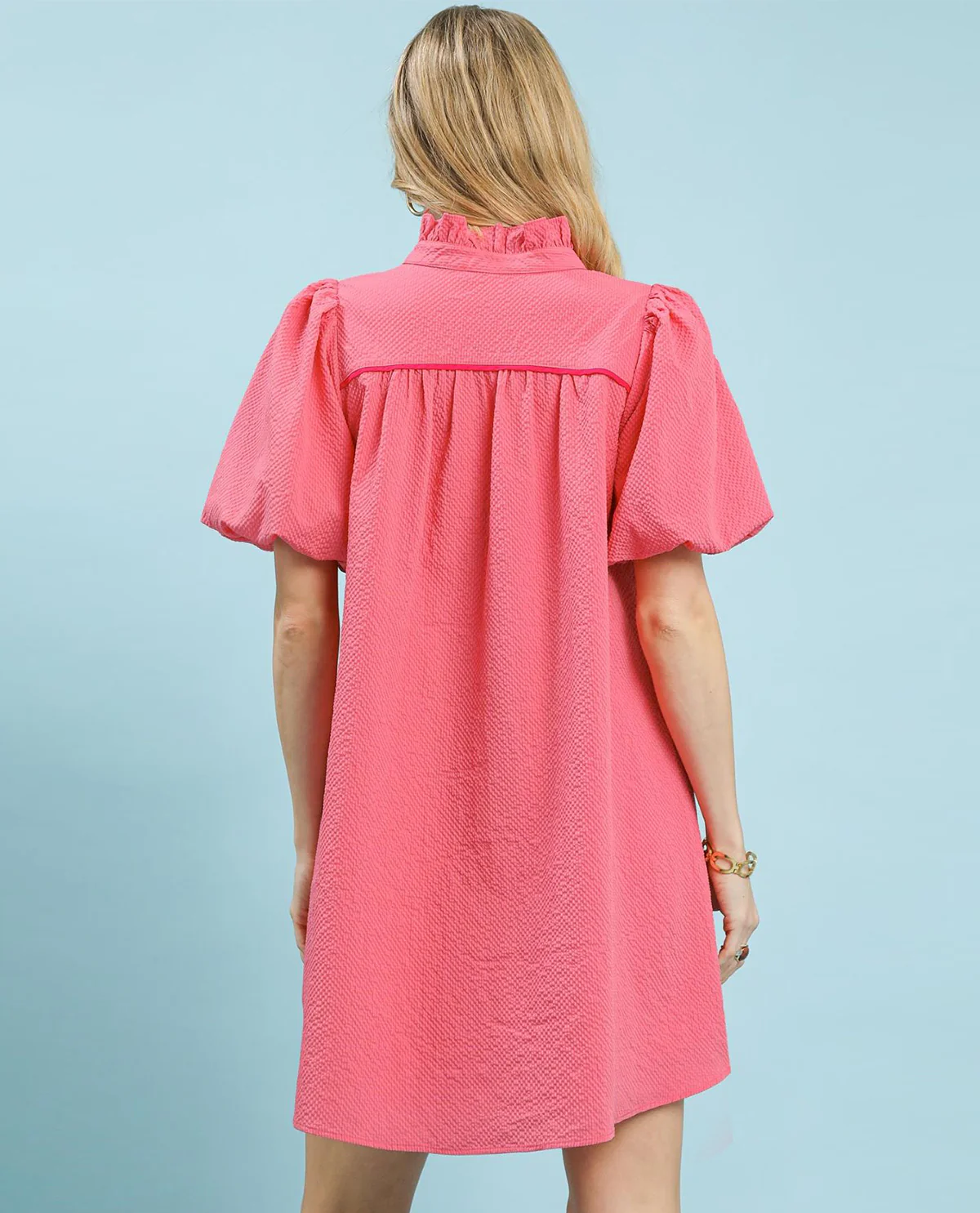 Umgee Bubble Sleeve Solid Seersucker Dress - Image 3