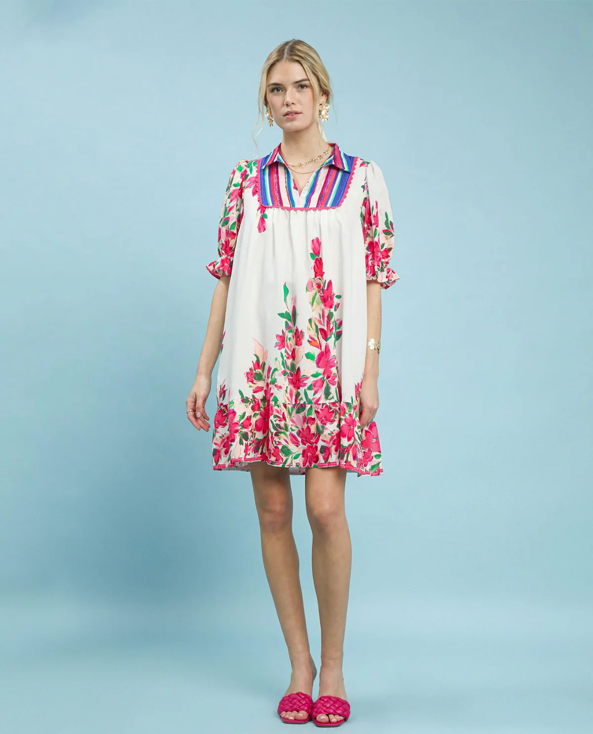 Umgee Collar V-Neck Ruffle Dress Rose - Image 2