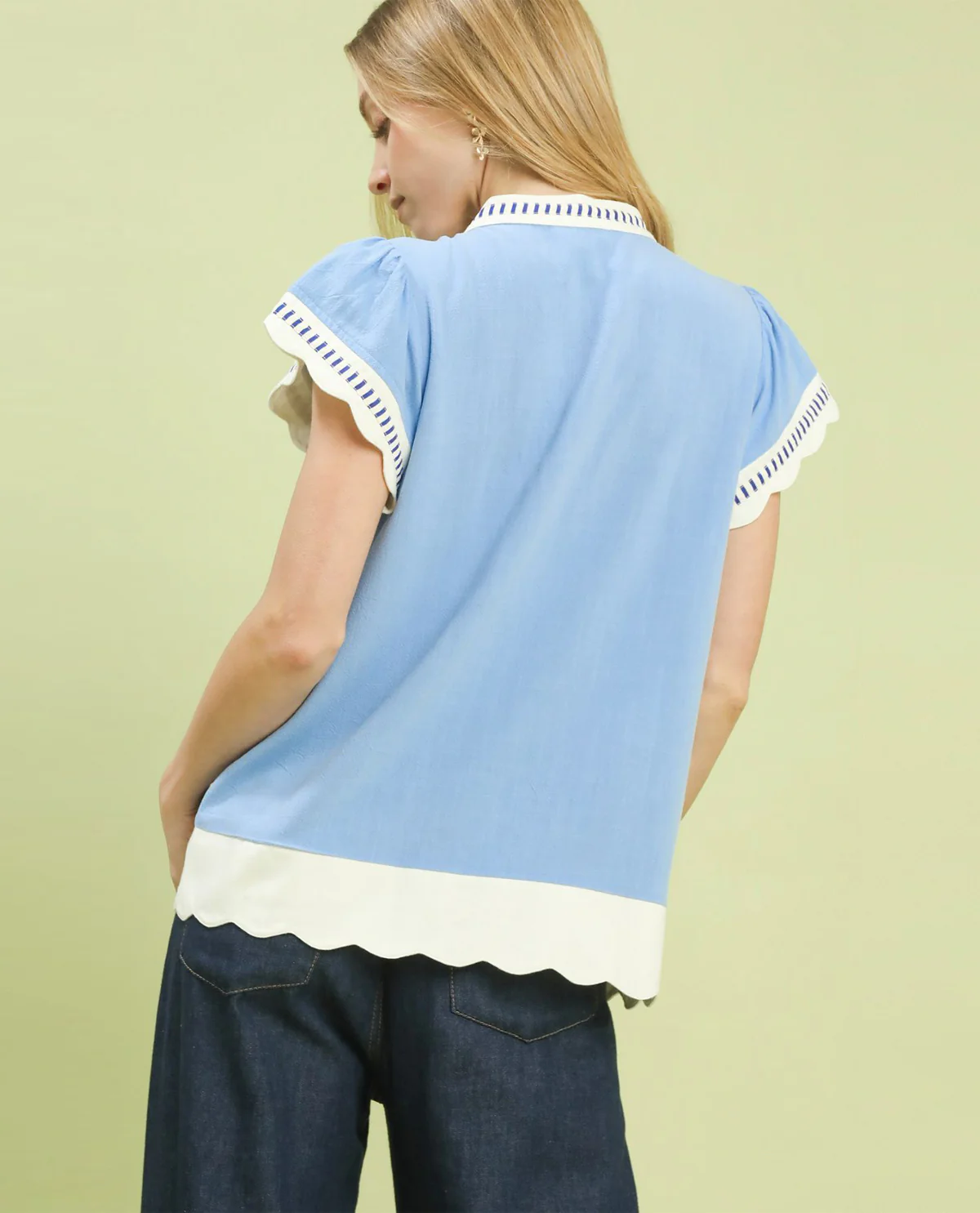 Umgee Color Block Top With Ruffle Short Sleeves Periwinkle - Image 3