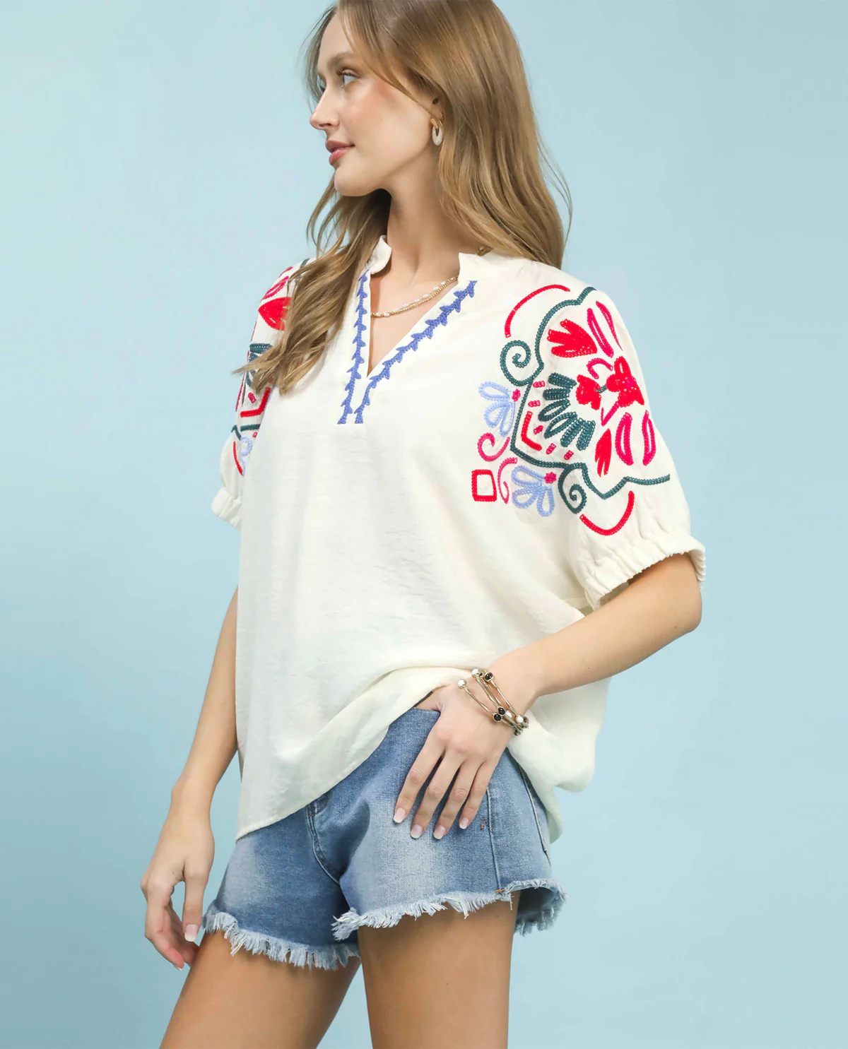 Umgee Embroidered Sleeve Top Cream - Image 3