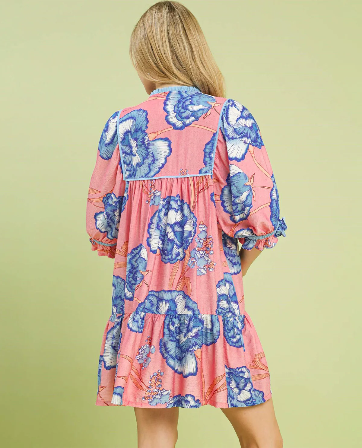 Umgee Floral Smocked Print Dress with 3/4 Puff Ruffle Trim Sleeves - Image 3