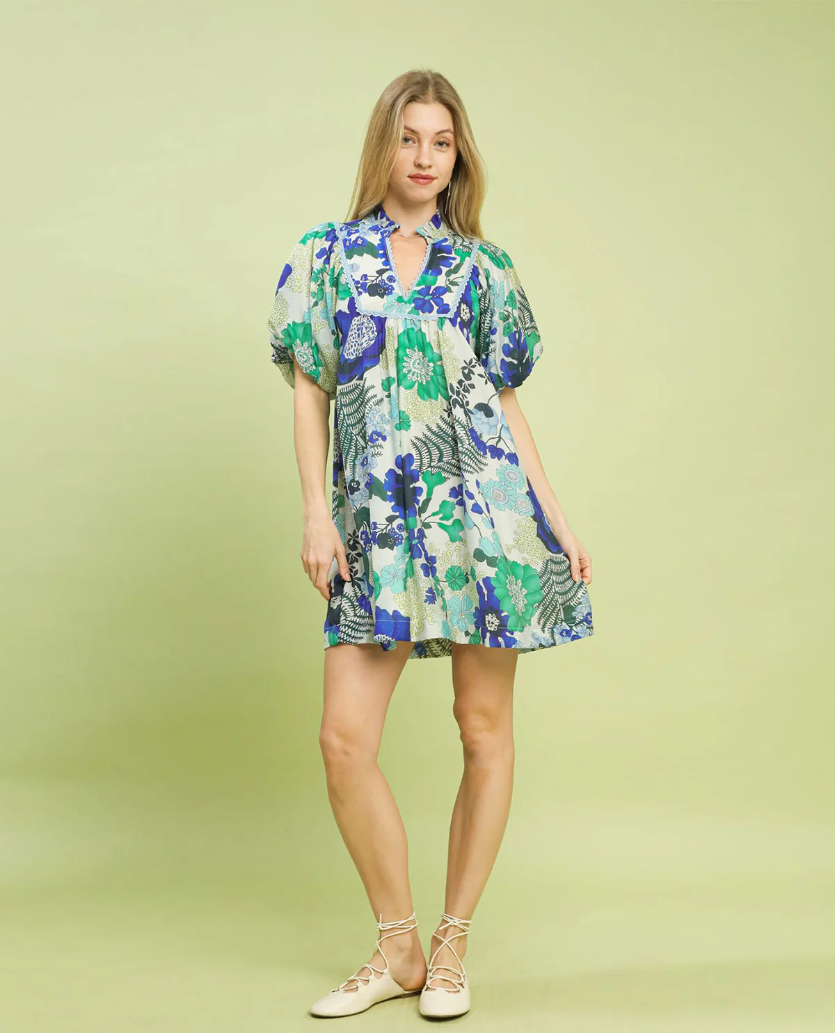 Umgee Floral Print Ruffle Neck Dress Blue - Image 2
