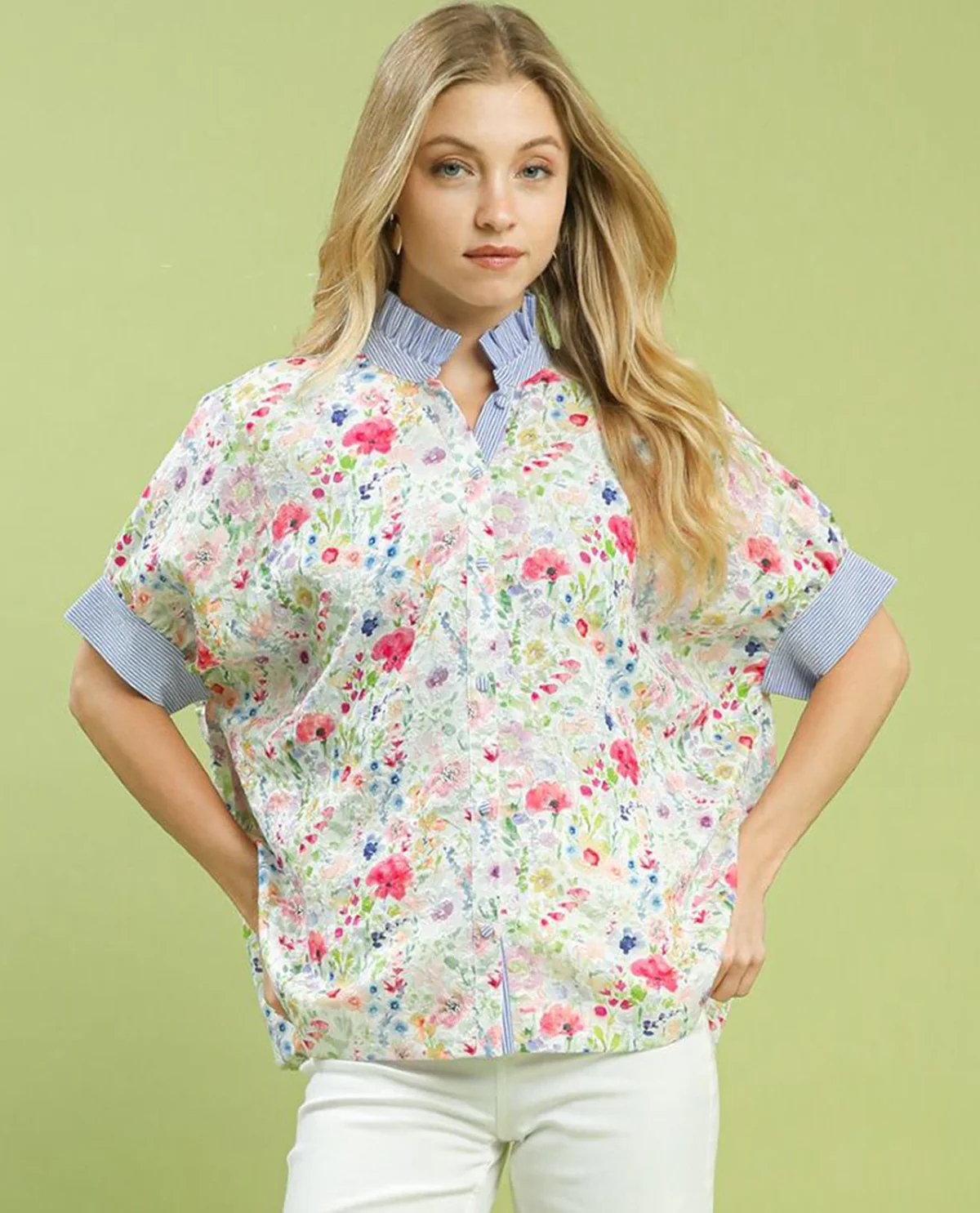 Floral Button Down High Neck Print Top - Image 4