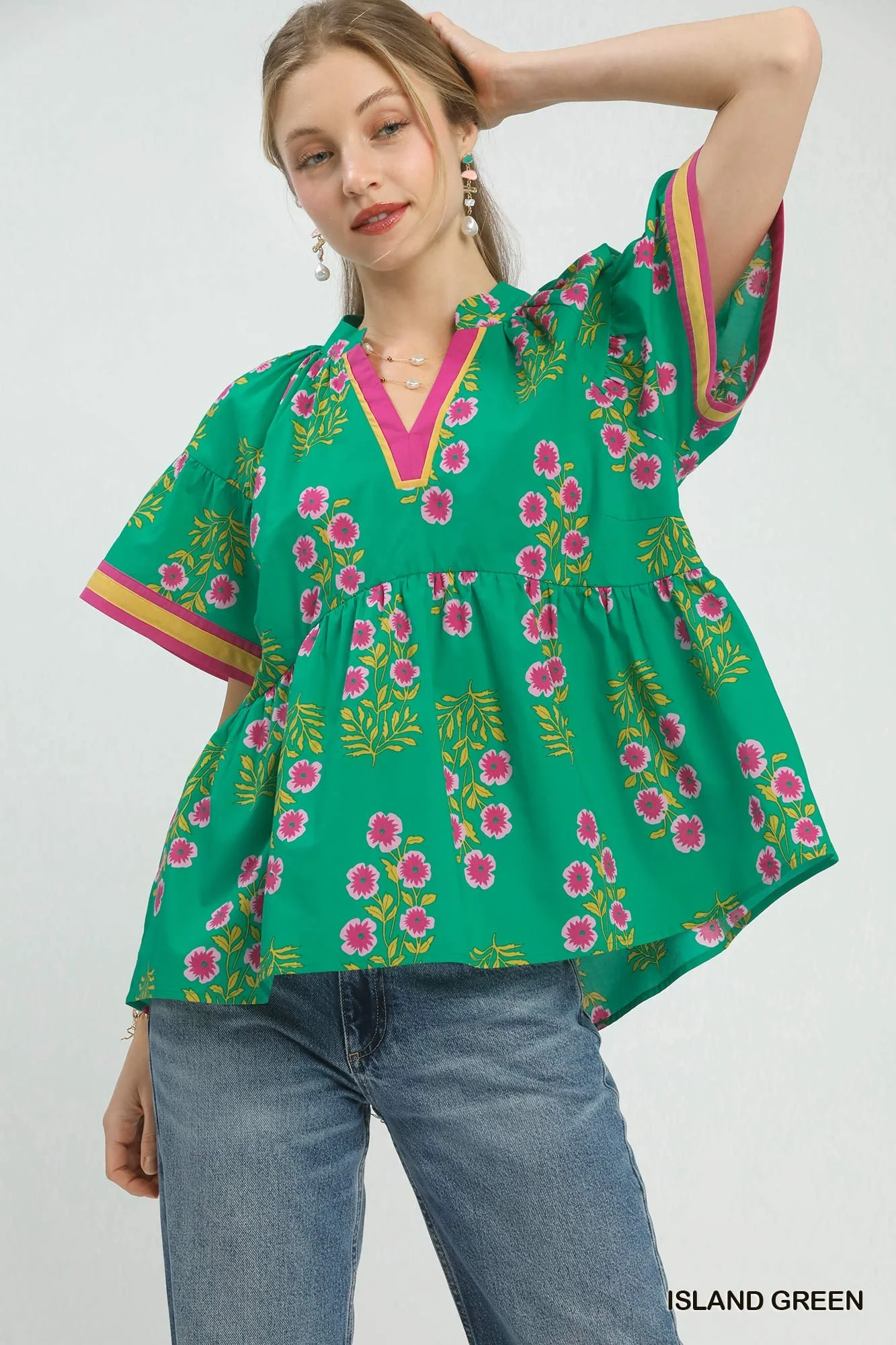 Umgee Floral Print Top Green