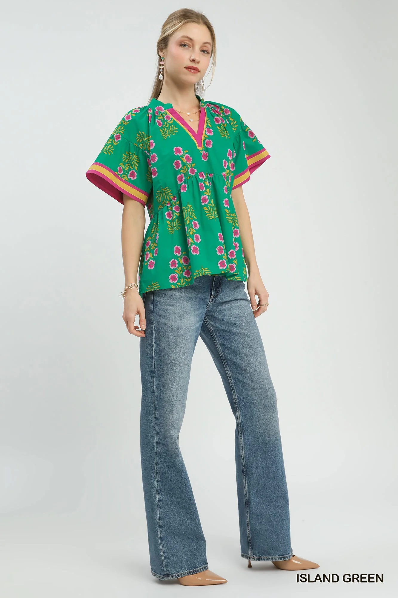 Umgee Floral Print Top Green - Image 2
