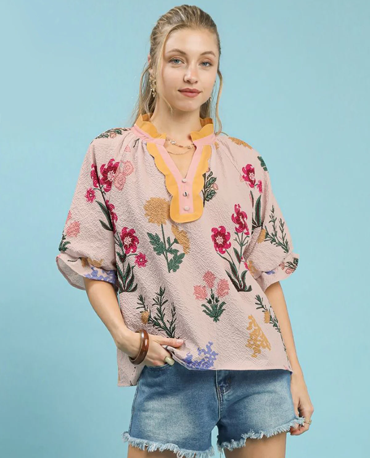 Floral Print Top with Contrast Trim Collar - Image 2
