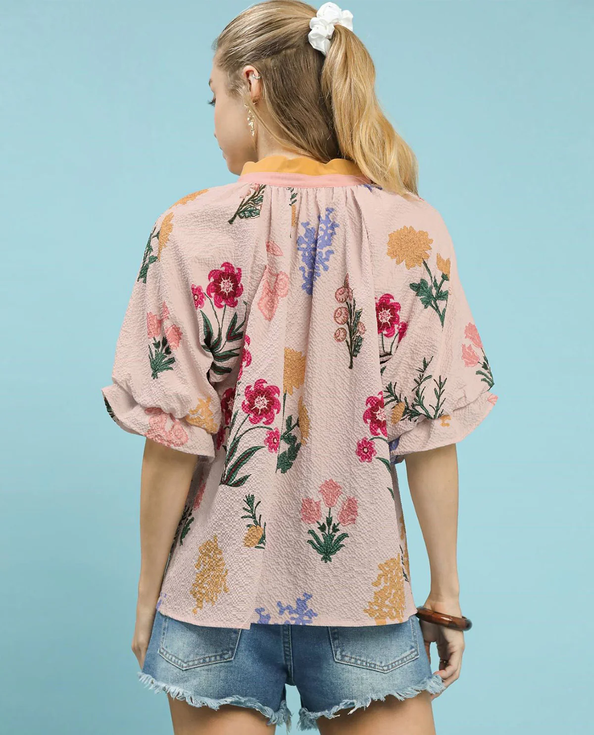 Floral Print Top with Contrast Trim Collar - Image 3