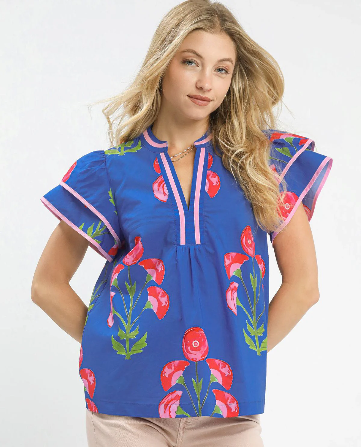 Blossom Meadow Print Top with Short Flutter Sleeves - Image 4