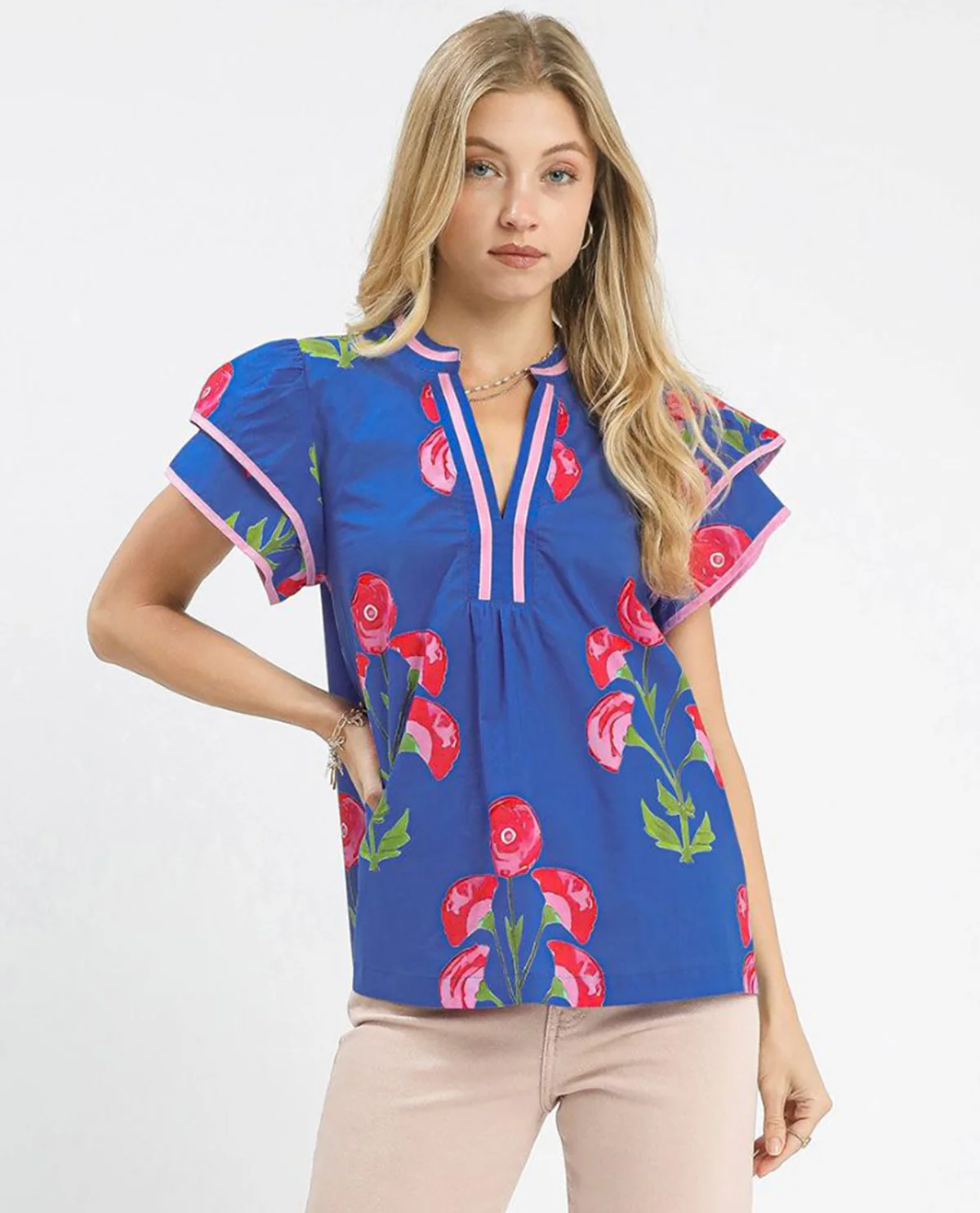 Blossom Meadow Print Top with Short Flutter Sleeves - Image 5