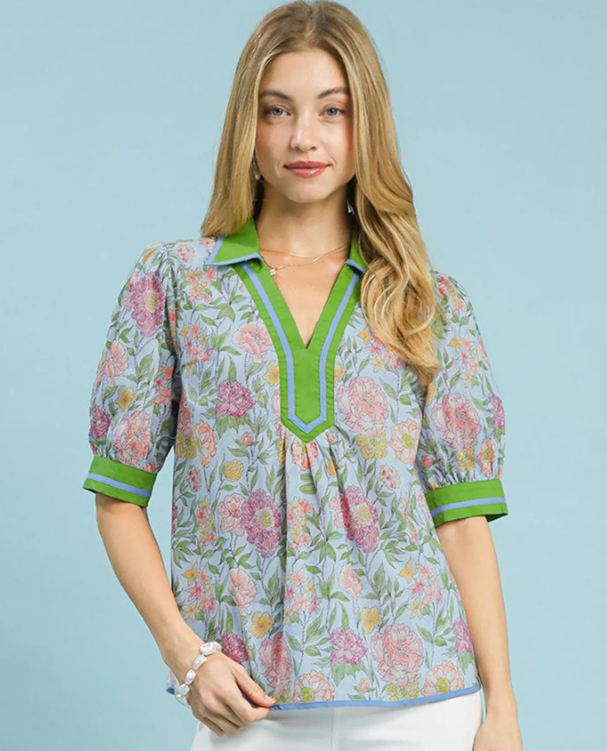 Umgee Mixed Floral Print Puff Sleeve Top - Image 2