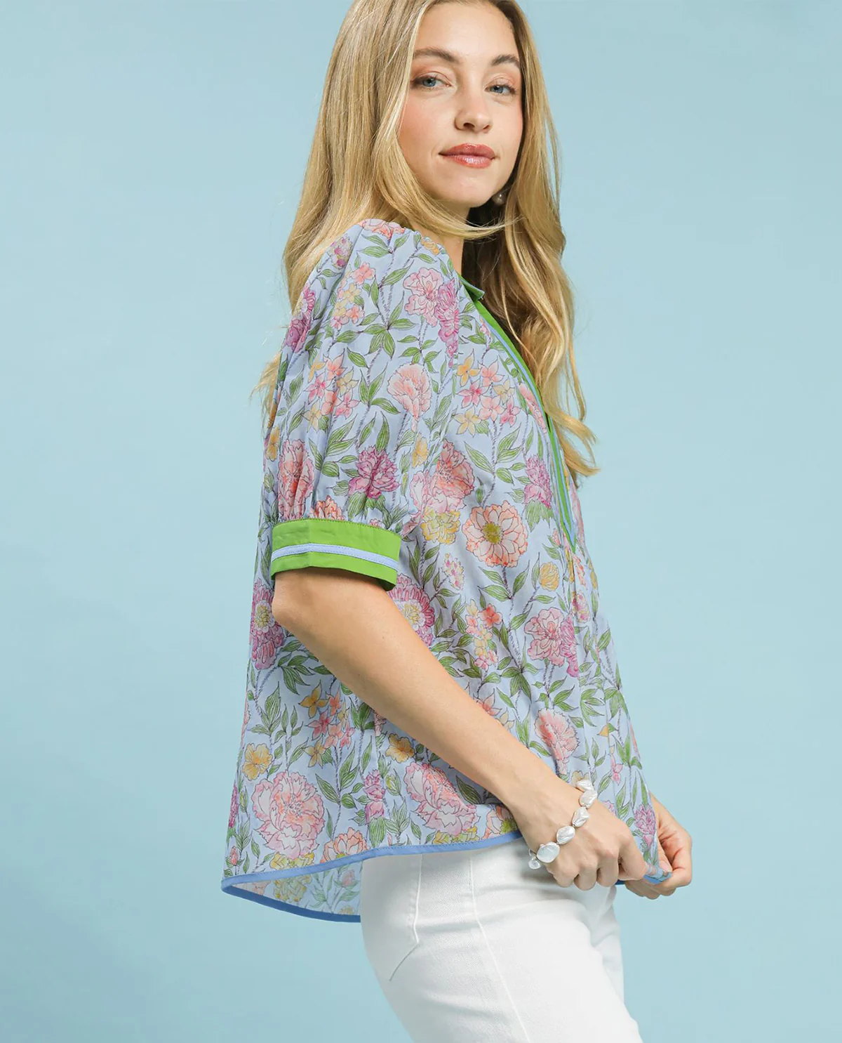 Umgee Mixed Floral Print Puff Sleeve Top - Image 3