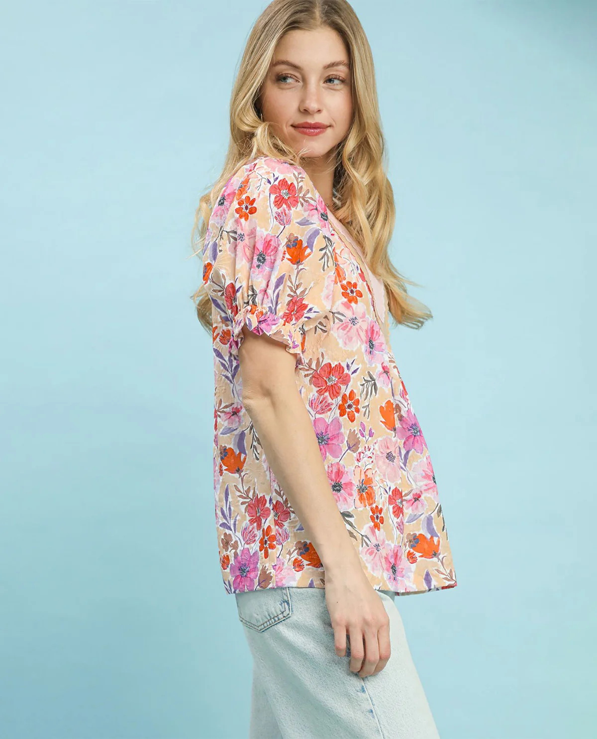 Umgee Floral Print Top With Solid Trim Coral - Image 2