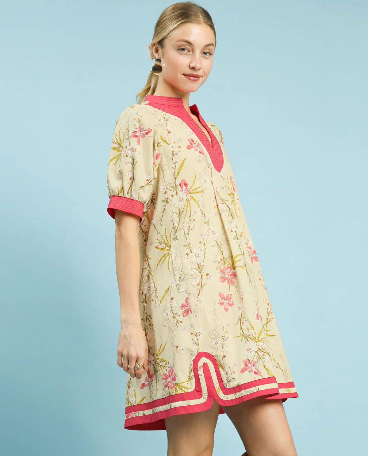 Umgee Floral Puff Sleeve Dress Yellow - Image 2