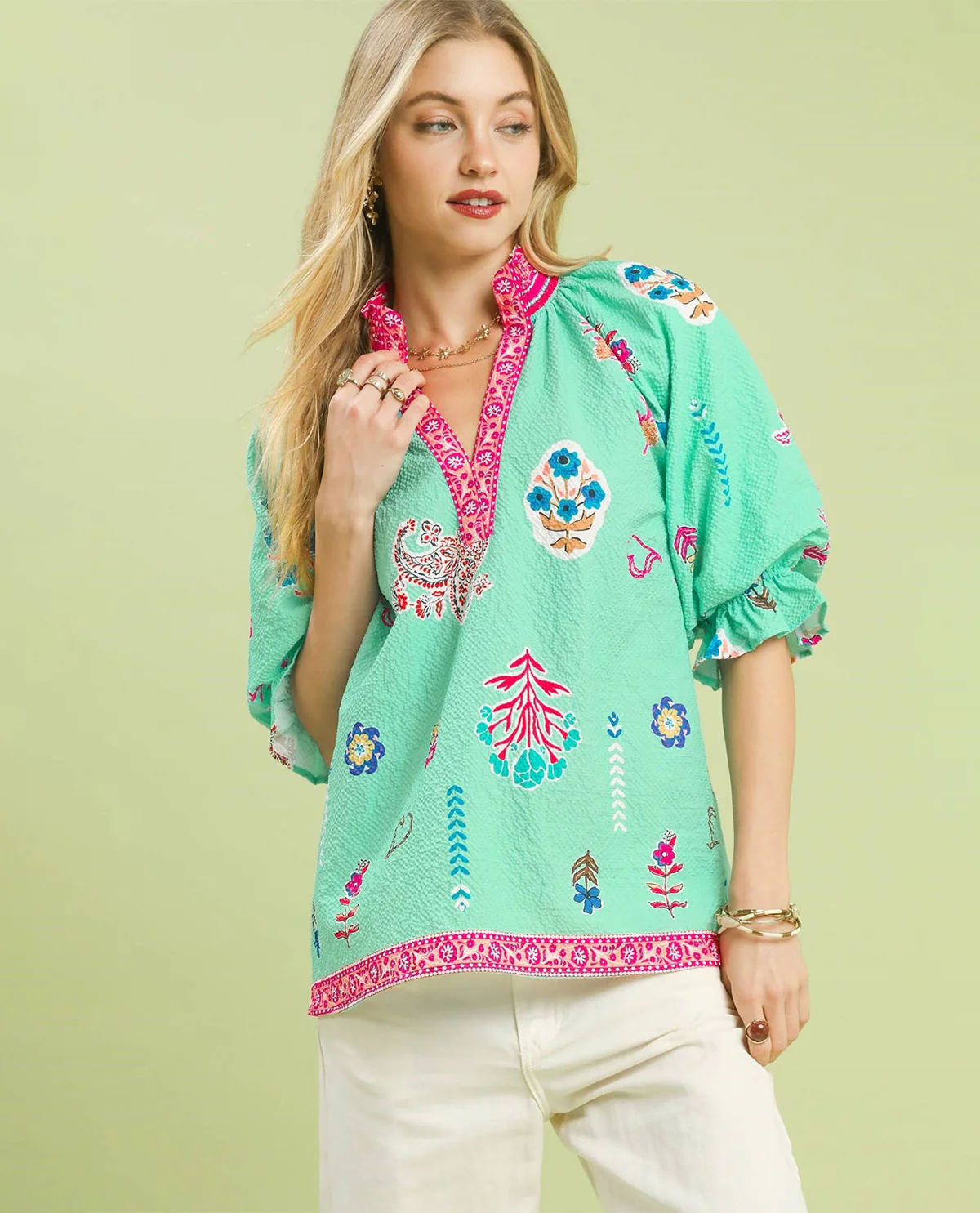 Umgee Floral Print V-Neck Smocked Collar Top - Image 2