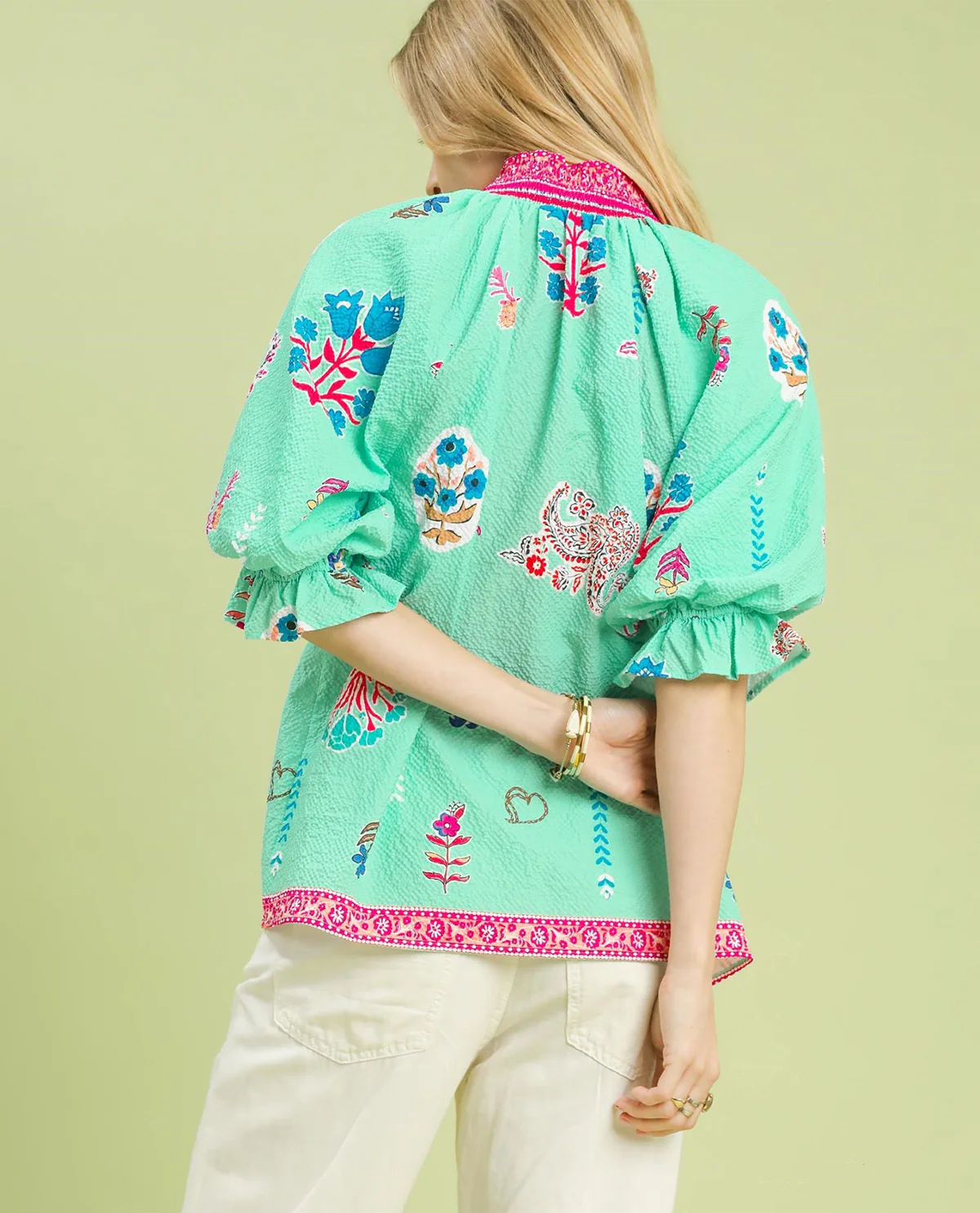 Umgee Floral Print V-Neck Smocked Collar Top - Image 3