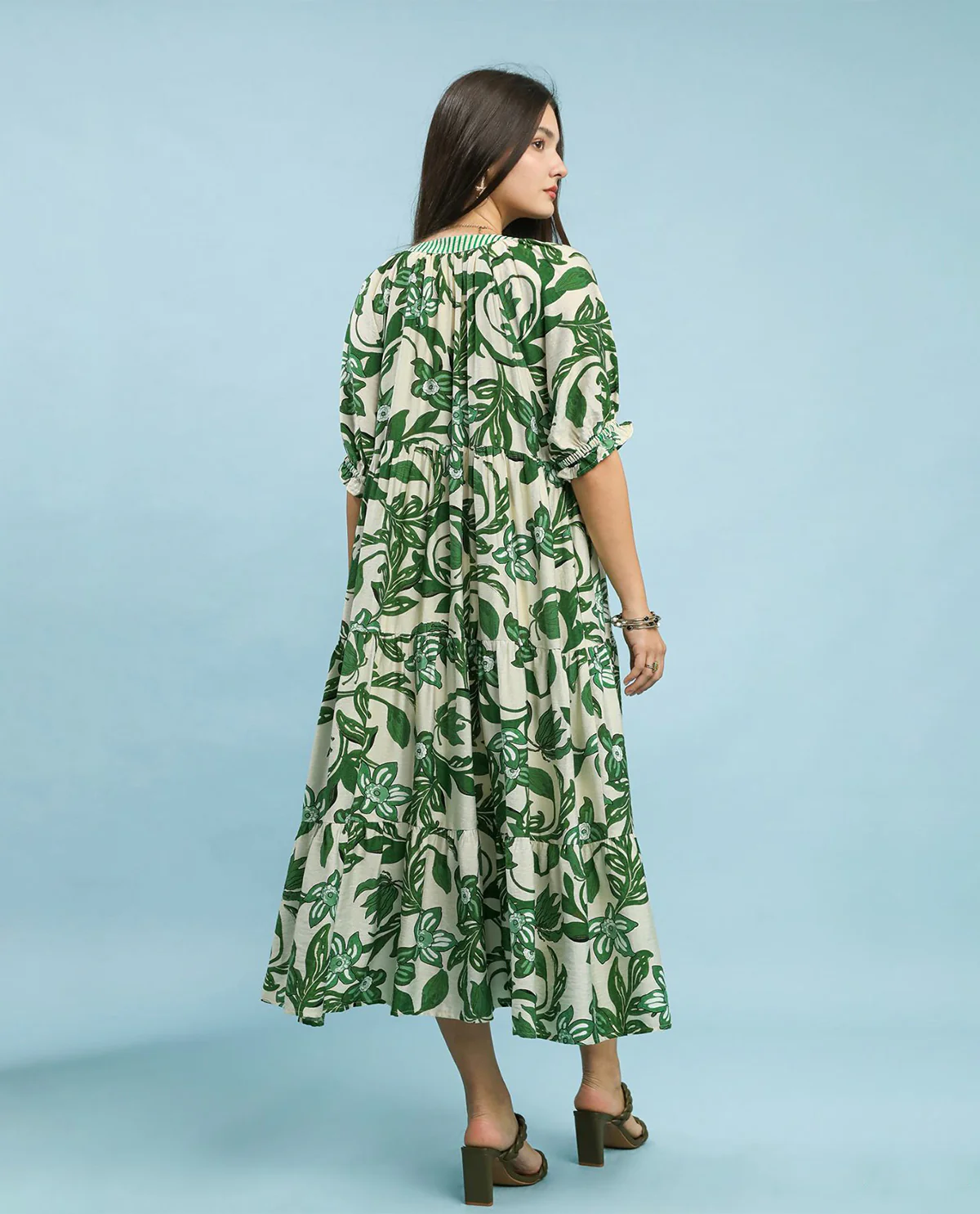 Umgee Floral Tiered Dress with Stripe Trim Green - Image 3