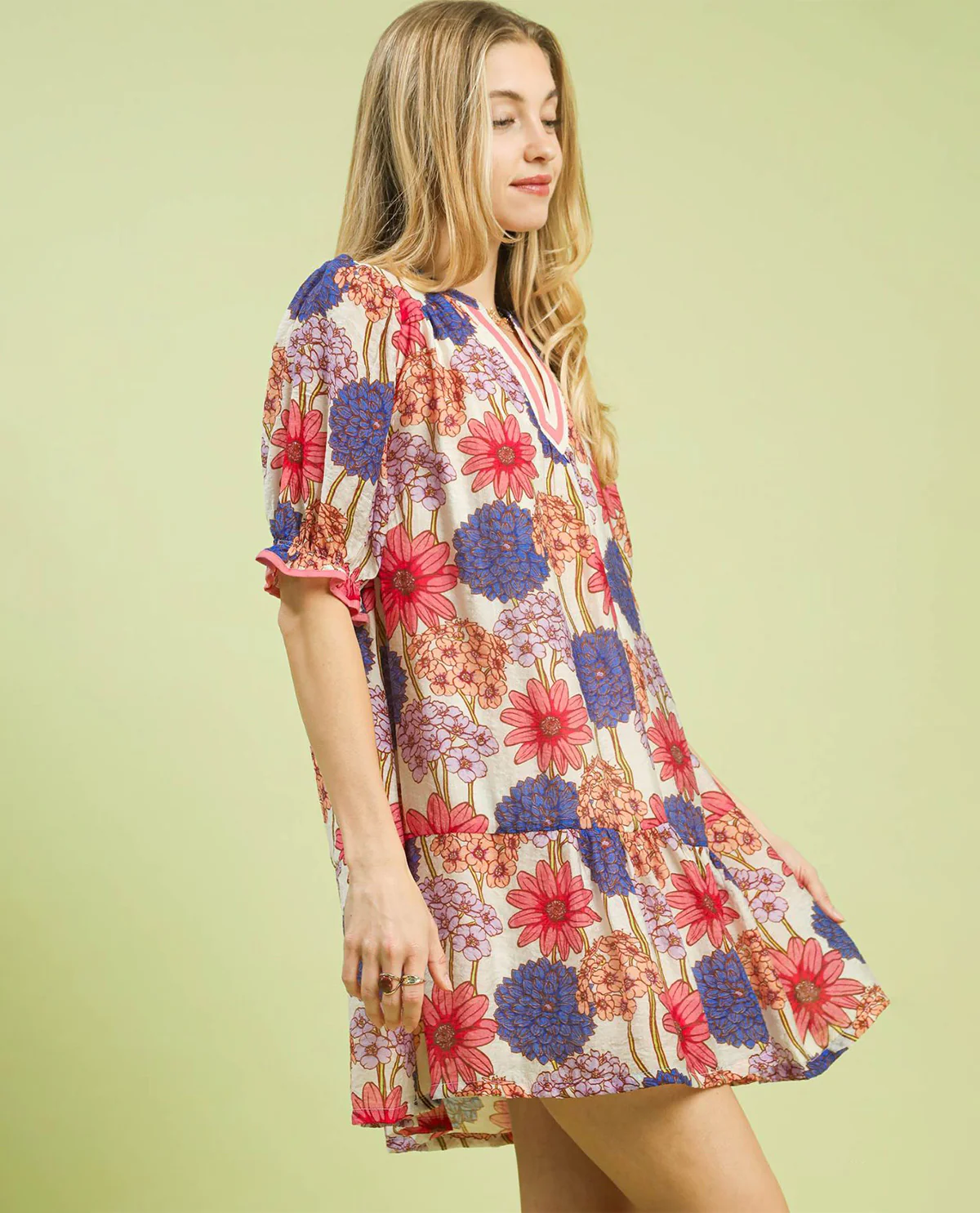 Umgee Flower Print Dress with Contrast Mint Trim and Short Puff Sleeves - Image 3