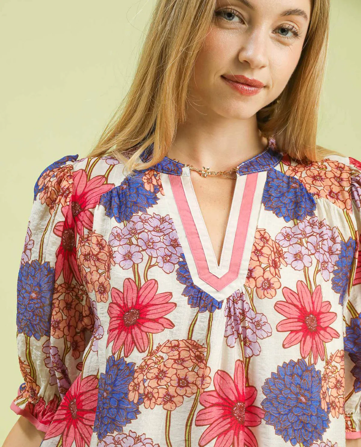 Umgee Flower Print Dress with Contrast Mint Trim and Short Puff Sleeves - Image 4
