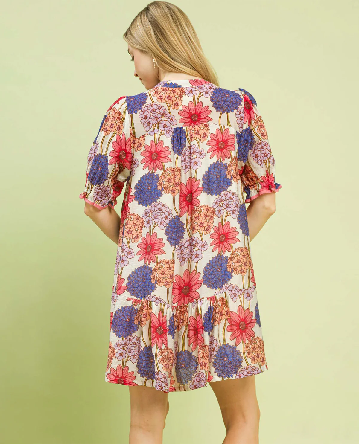 Umgee Flower Print Dress with Contrast Mint Trim and Short Puff Sleeves - Image 5